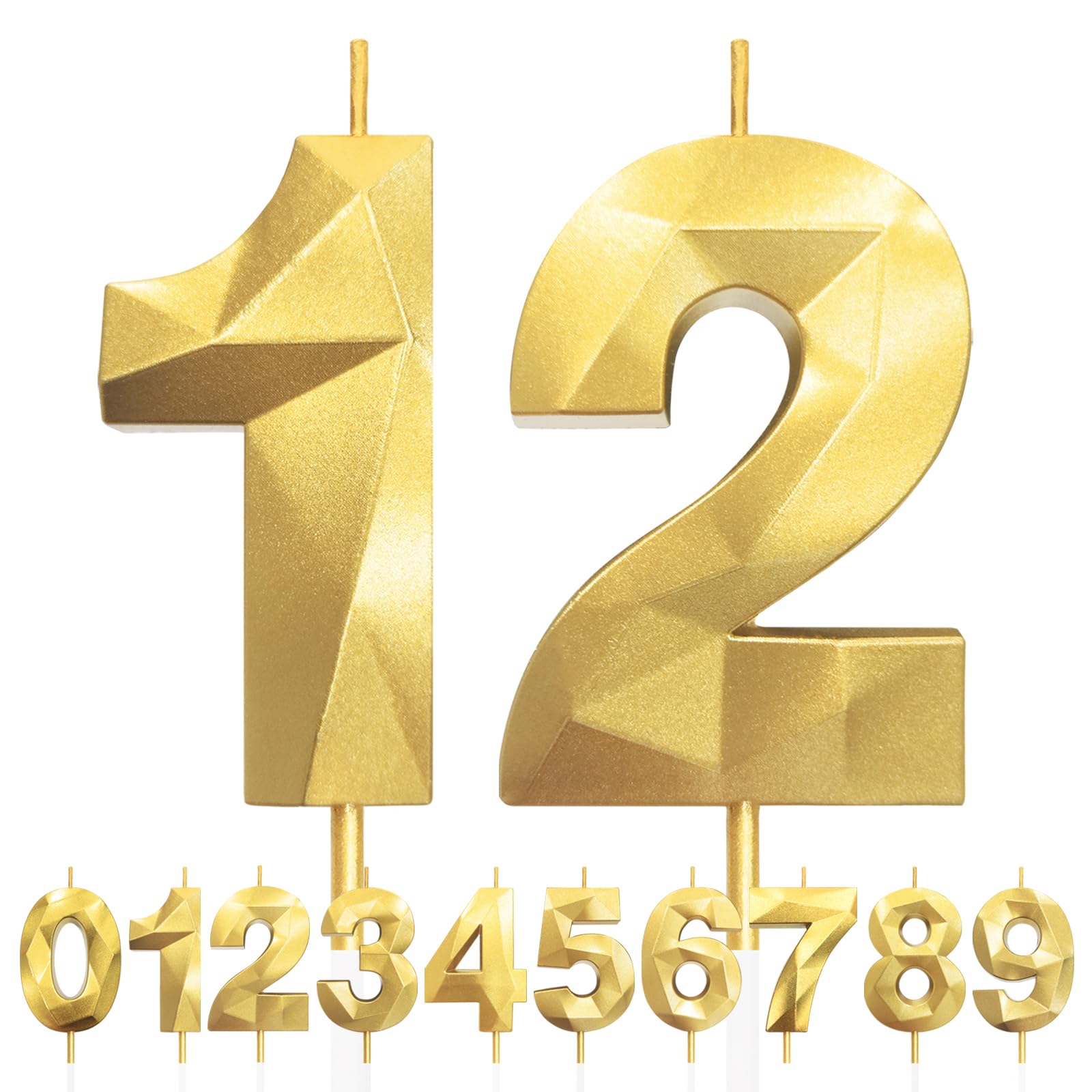 Lfwzry Gold 12Th Birthday Candles, Number 12 Candle, Birthday Candles For Cake, Diamond 3D Happy Birthday Cake Candle Decorations For Birthday Party Wedding Anniversary Celebration Supplies