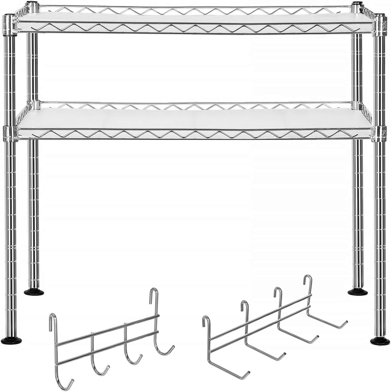 SONGMICS Microwave Oven Rack, 2-Tier Kitchen Countertop Storage Organiser Stand, with 2 Adjustable Shelves and 8 Hooks, Silver LGR20C