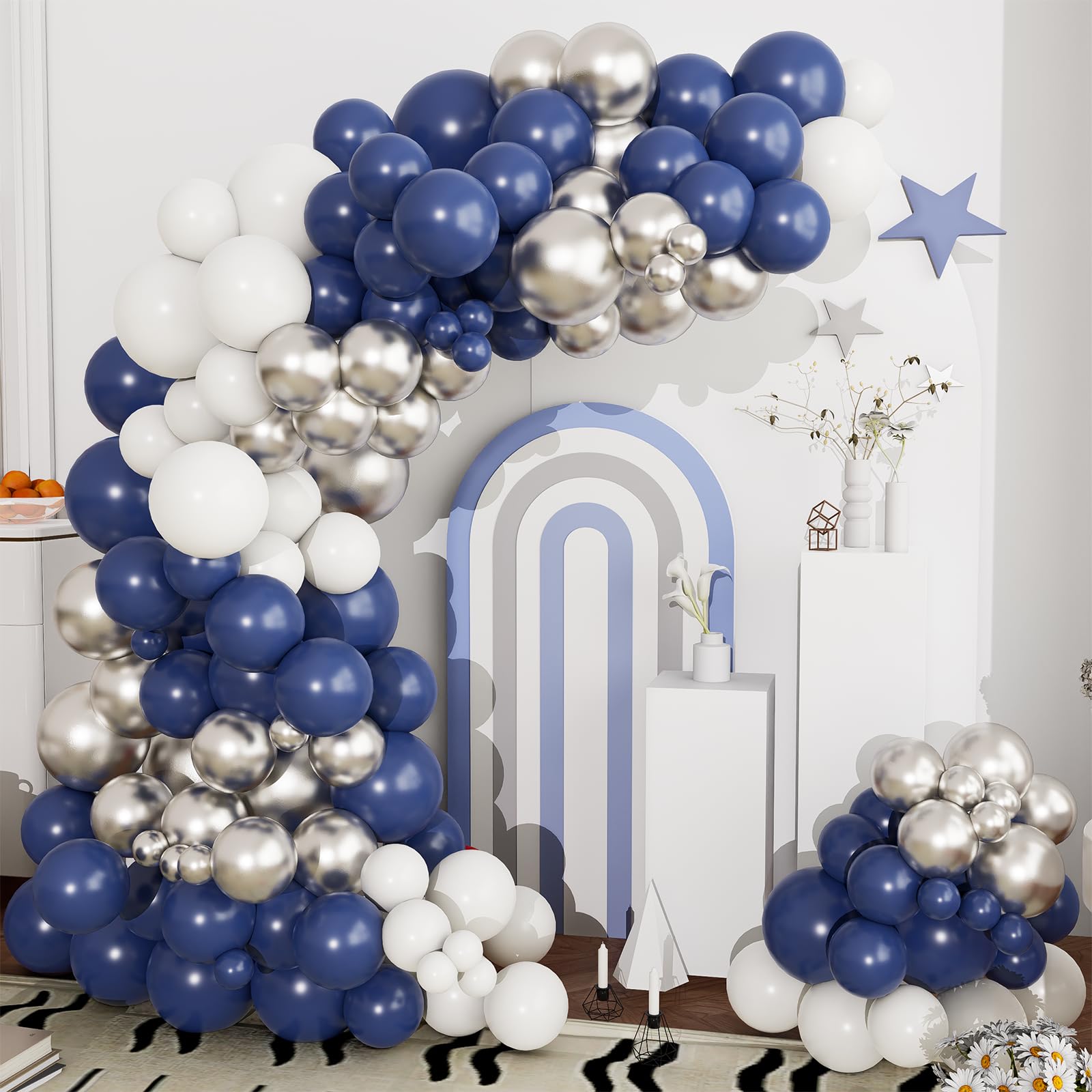 Navy Blue and Silver Balloons Garland Arch Kit,150pcs Navy Blue Silver and White Latex Balloons in Different Sizes for New Year Graduation Baby Shower