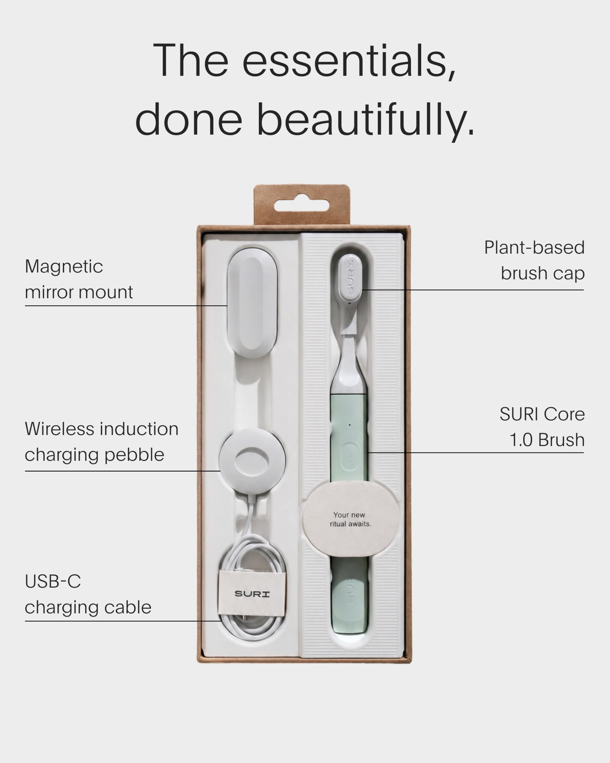 SURI Cepillo de dientes eléctrico Core Sonic | Batería de hasta 4 semanas | Cubierta de cabeza de viaje | Sensor de presión | Cuerpo biológico* | Temporizador de 2 minutos | Cabezal a base de plantas