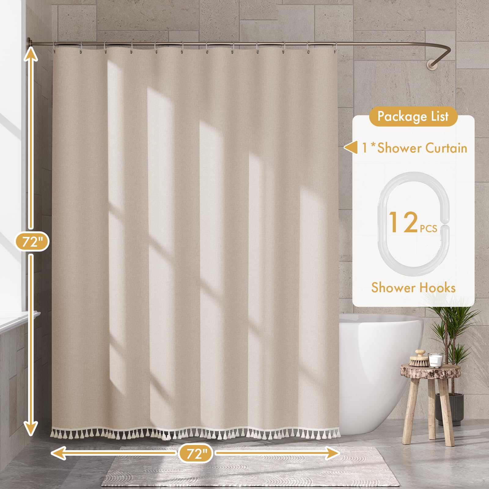 AmazerBath Boho Shower Curtain for Bathroom, 72x72 Beige Shower Curtain with Tassels, Modern Farmhouse Shower Curtain Set with Hooks, Neutral Faux Linen Light Tan Toned, Water Repellent