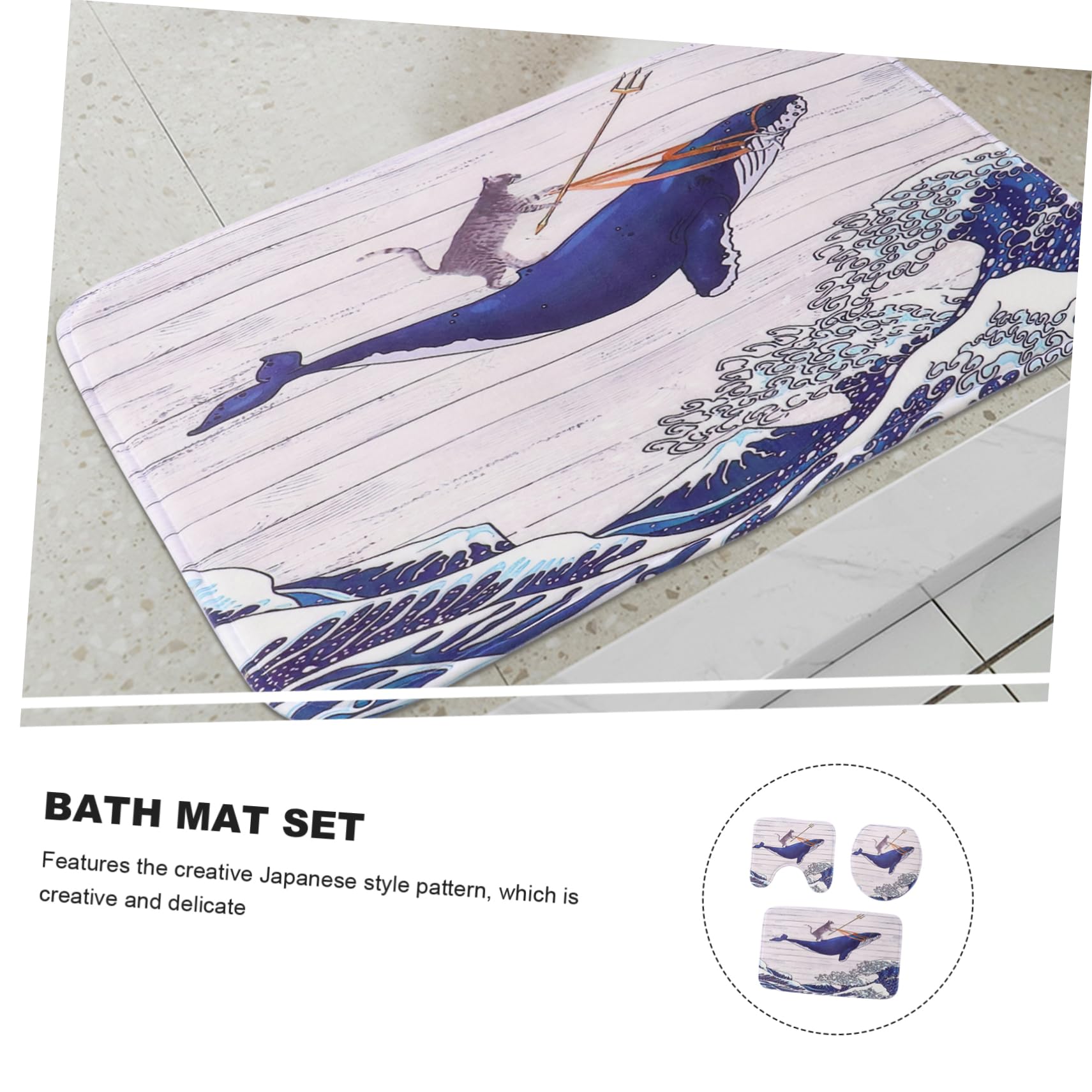 MAGICLULU Tappetino Bagno Rotondo 3 Pezzi in Flanella Feltro, Set Bagno | Motivo Giapponese Creativo, Protezione Antiscivolo, Struttura Durevole, Linea Decorativa per Interni Domestici