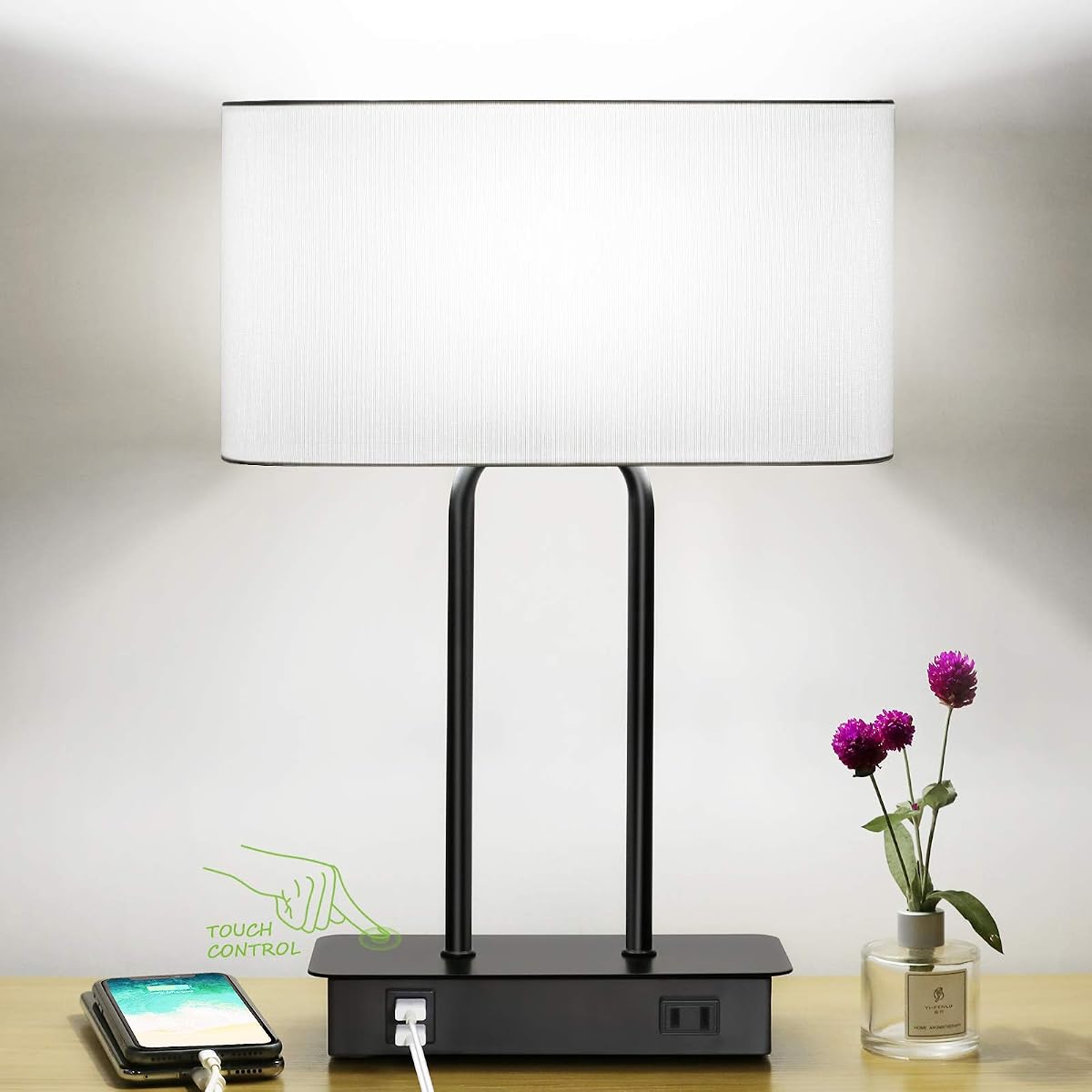Lámpara de mesa con control táctil junto a la cama, lámpara de mesita de noche moderna regulable de 3 vías | Puertos de carga USB duales 1 salida de CA, pantalla de tela blanca, lámpara de escritorio para dormitorio, sala de estar, oficina con bombilla LED de 5000K