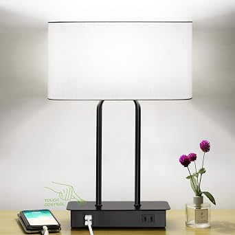 Bedside Touch Control Table Lamp with Dual USB Charging Ports 1 AC Outlet, 3 Way Dimmable Modern Nightstand Lamp with White Fabric Shade, Desk Lamp for Bedroom Living Room Office with 5000K LED Bulb