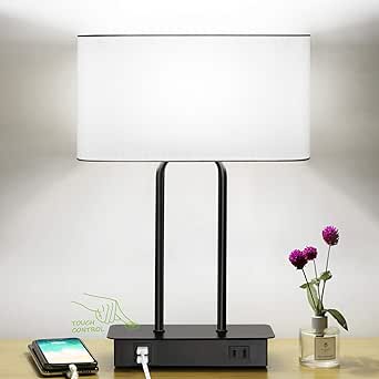 Bedside Touch Control Table Lamp with Dual USB Charging Ports and AC Outlet, Dimmable Nightstand Lamp with White Fabric Shade and 5000K LED Bulb