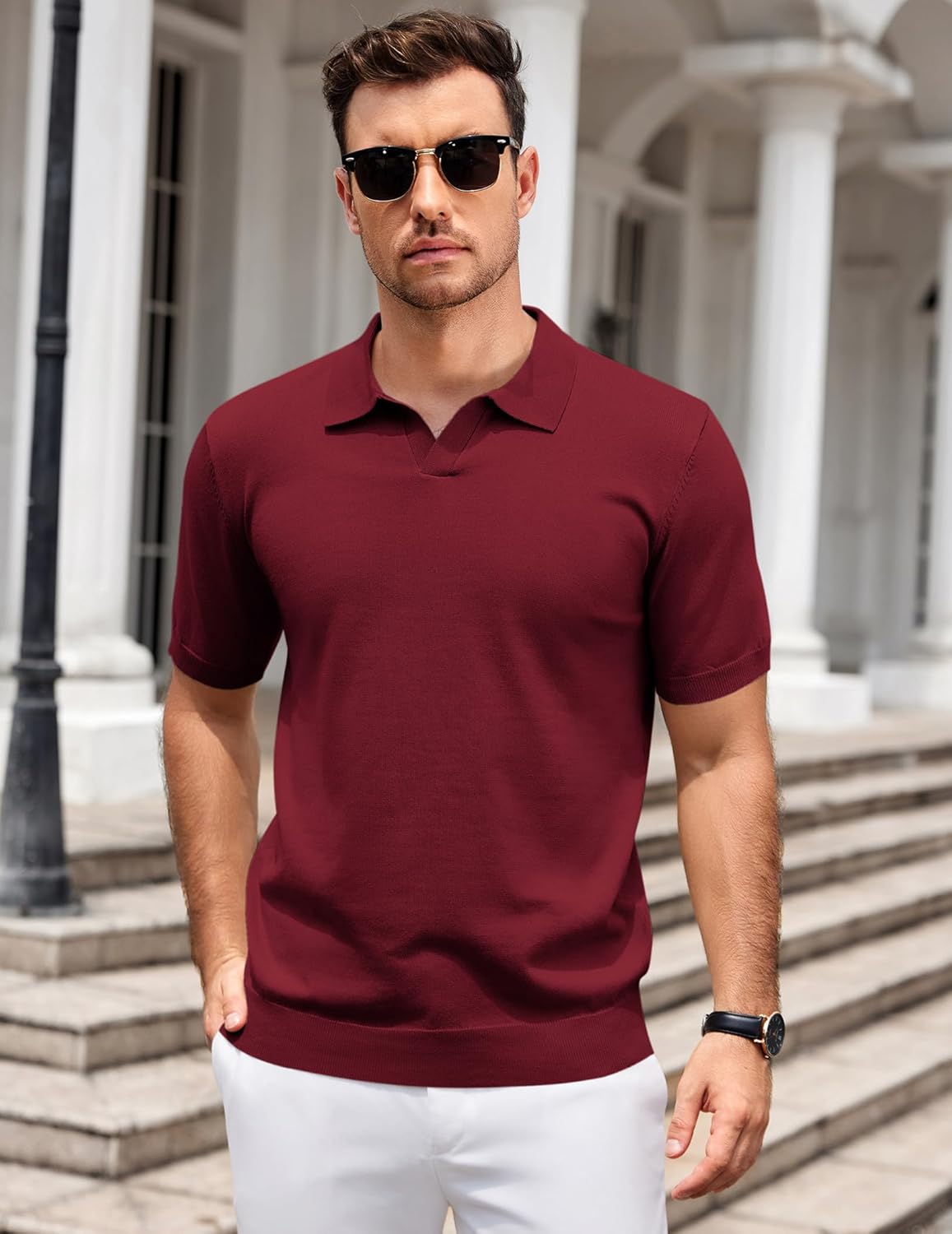 COOFANDY Men's V Neck Short Sleeve Stretch Knit Polo Shirt - Image 2
