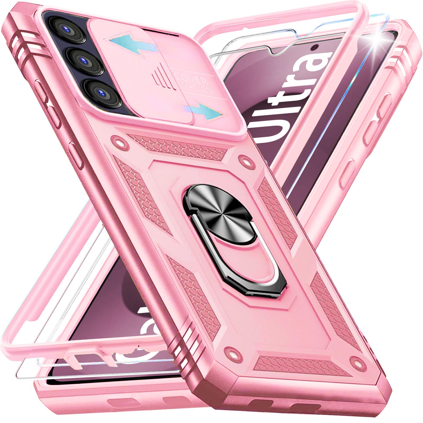 Case for Samsung Galaxy S25 Ultra Cases with Camera Cover & 2 Pcs Screen Protectors,[Military Grade20ft.] Shockproof/360° Magnetic Kickstand Protective Case for S 25 Ultra Pink Samsung Galaxy S25 Ultra Pink