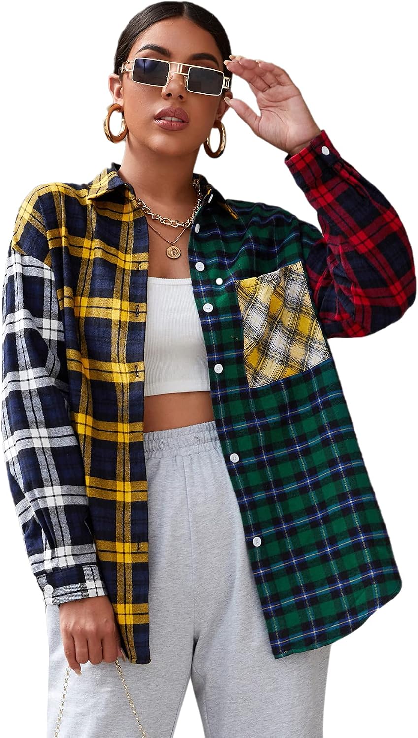 Floerns Women's Tartan Color Block Long Sleeve Plaid Button Down Blouse