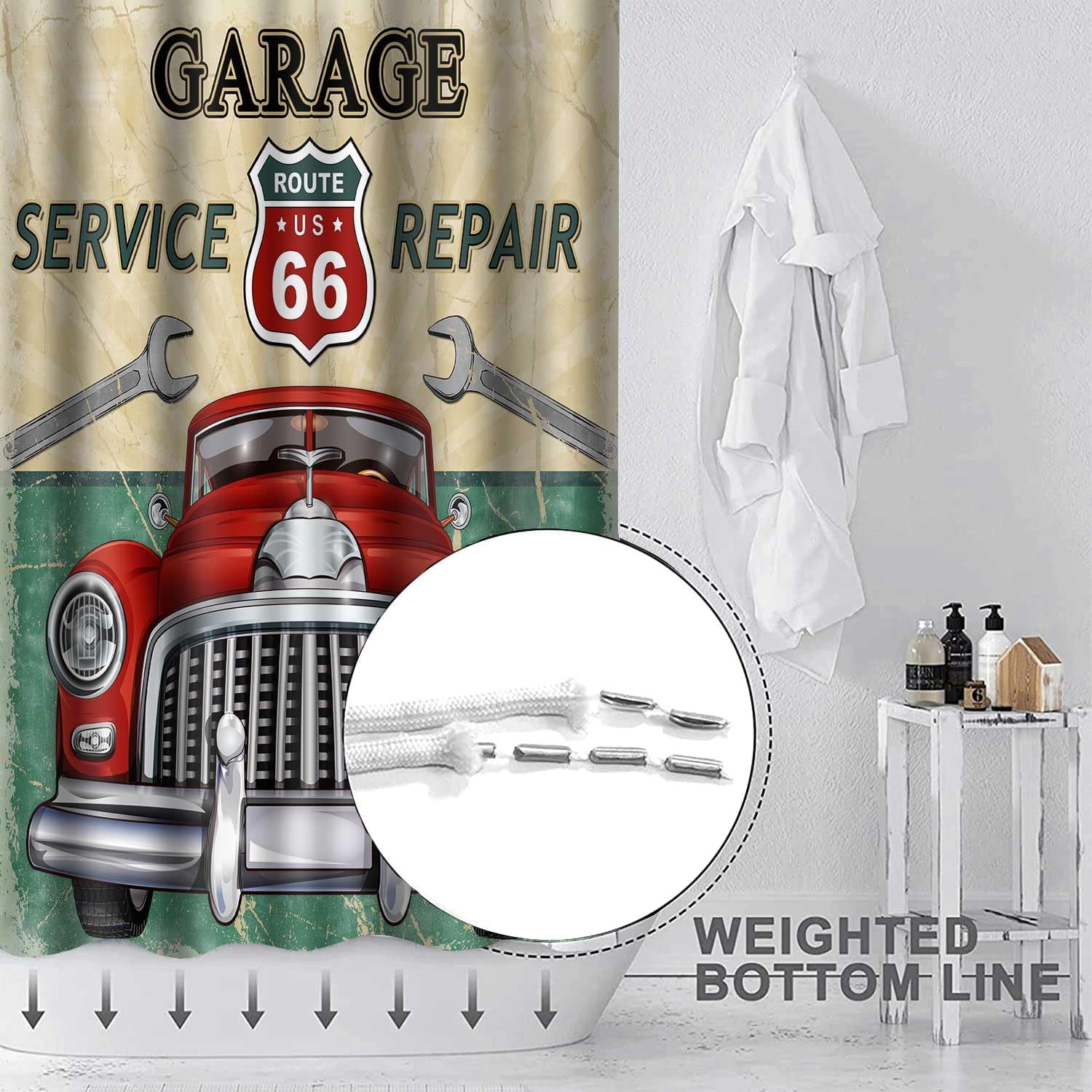 Cars Shower Curtain, 72x72 inch Polyester, Vintage Car Stall Route 66 Bathroom Shower Curtains, Retro Garage Repair Shop Bathroom Bathtubs Decor Set with 12 Hooks YLOKTP0236