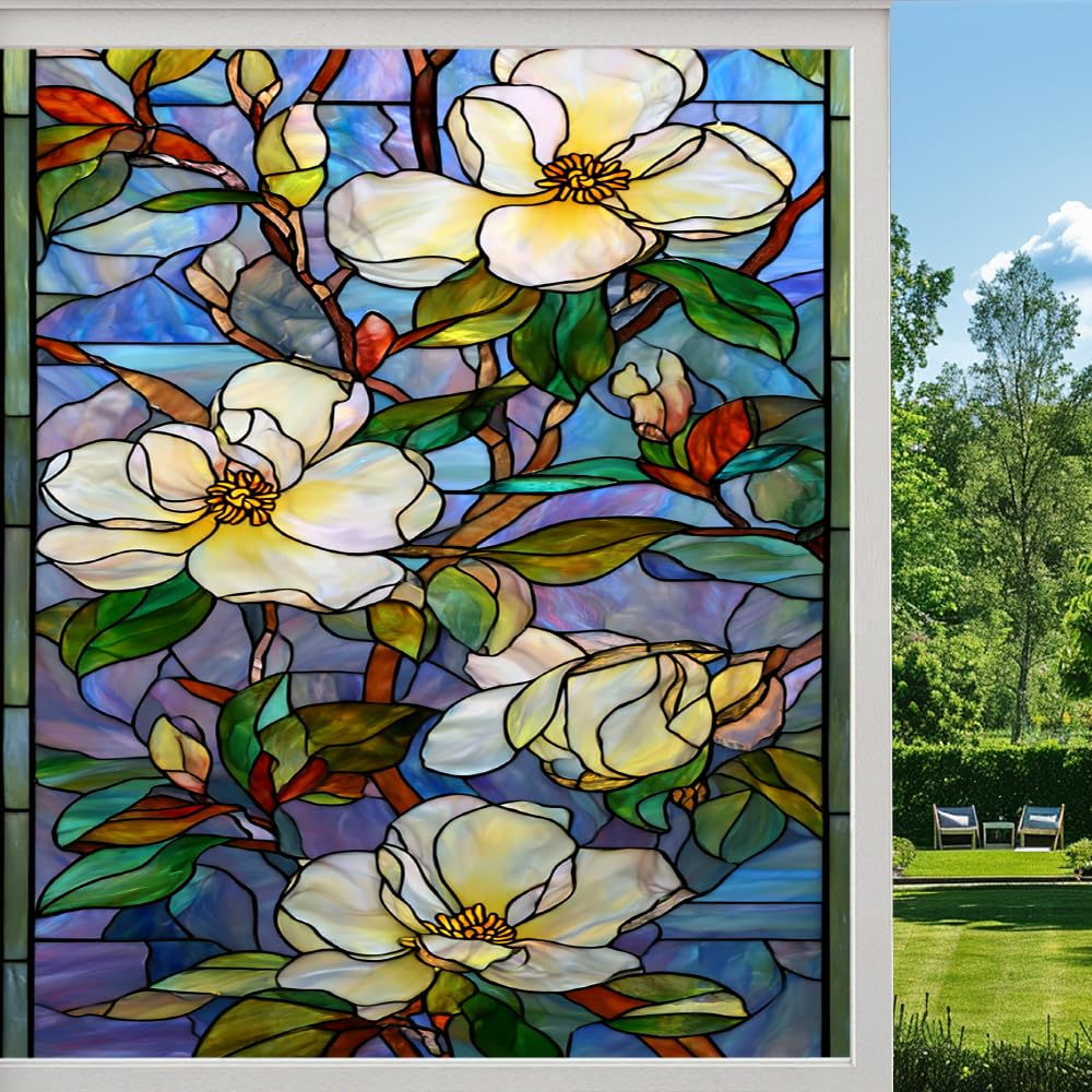 Pmlbaous Natural Magnolia Stained Glass Window Film, Colorful Flowers Branch Peel And Stick Privacy Film, Frosted Adhesive Vinyl Decorative For Bathroom Windows Glass Doors, （80X140cm）