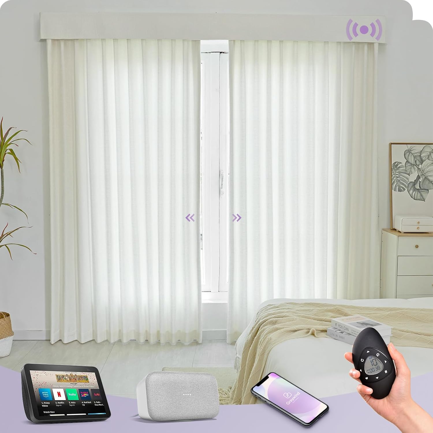 Graywind Rechargeable Smart Curtains Compatible with Alexa Google Custom Motorized Drapery for Sliding Window Solar Powered Available Retractable Track Width Up to 157.5" (Mose)