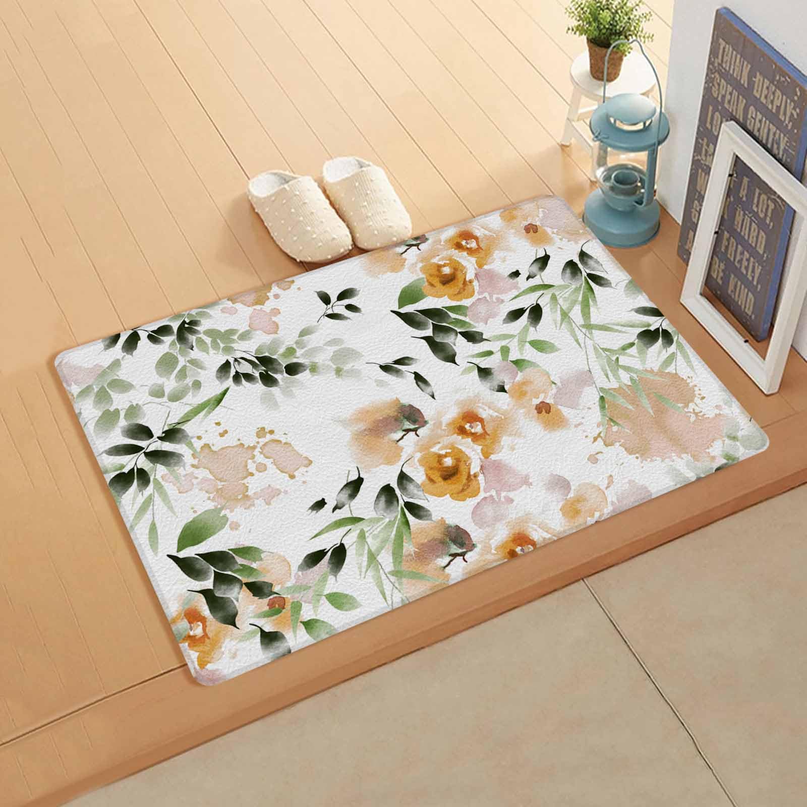 Vintage Orange Rose Kitchen Bath Door Mat Cushioned Runner Rug,Washable Welcome Floor Sink Antifatigue Mat,Waterproof & Non-Slip Comfort Standing Doormat,Botanical Wildflower Sage Leaves 18