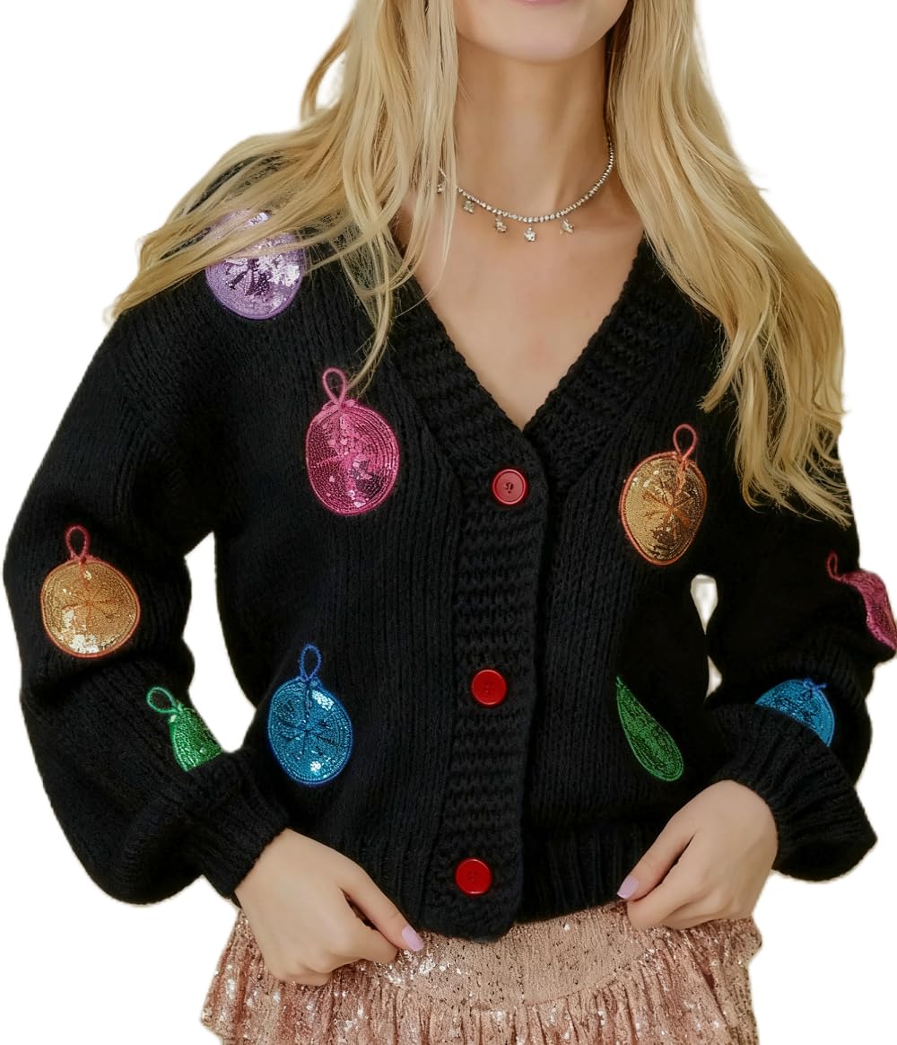 Women Christmas Sequins Cardigan Funny Graphic Button Down Sweater Open Front Knit Crop Cardigan Xmas Knitwear