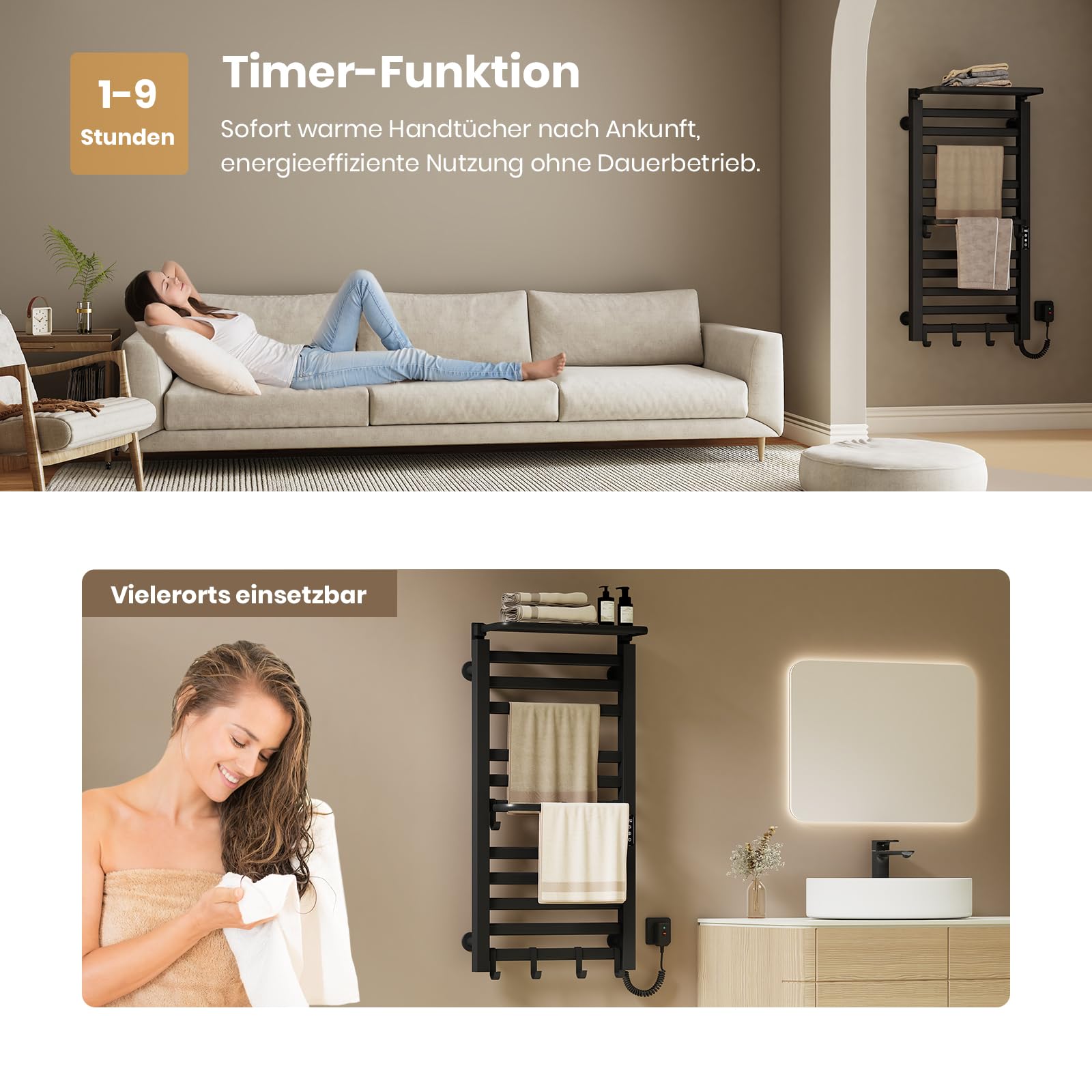 EMKE Elektrischer Badheizkörper 100x50 cm, 280W Handtuchwärmer mit WLAN-App-Steuerung, Kohlefaser Handtuchheizkörper mit klappbarer Ablage & 6 Haken, IPX5 spritzwassergeschützt, Schwarz