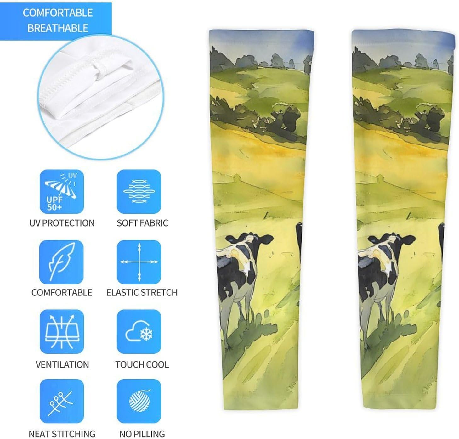 Cows on A Green Plateau Arm Sleeves Cooling Sun Protection Sports Compression for Golf Basketball