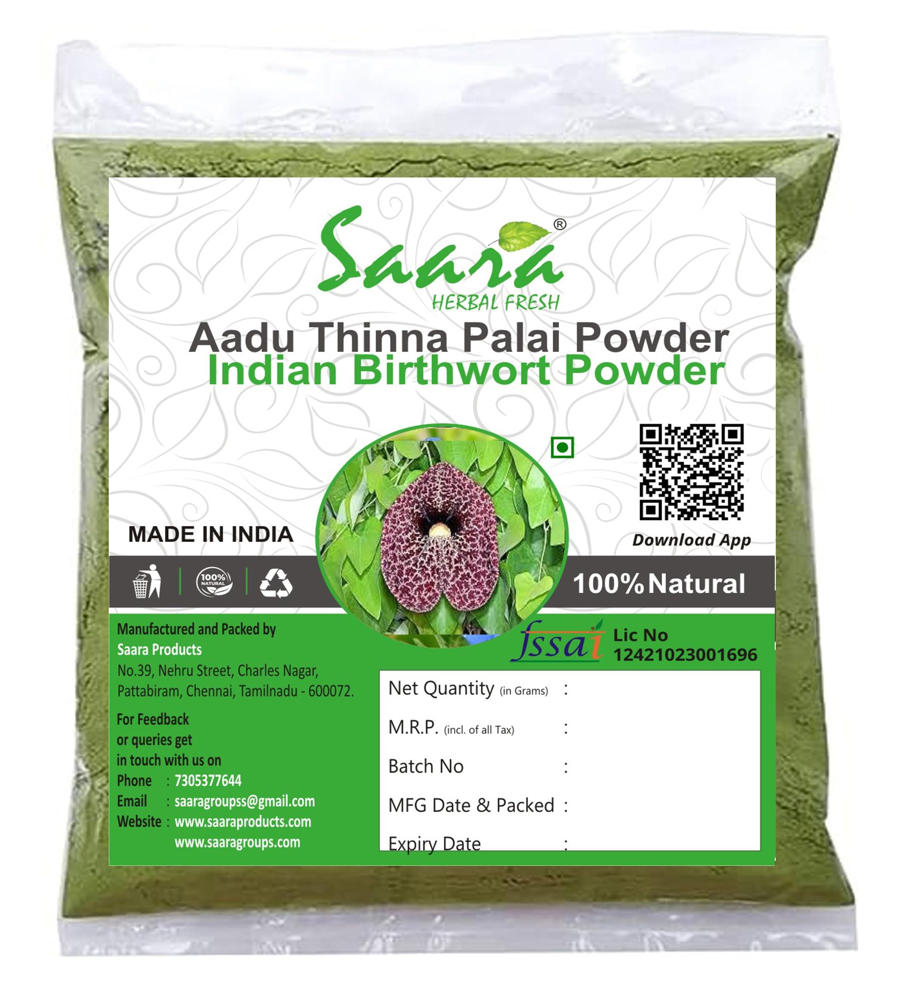 Saara HERBAL FRESH Aadu Thinna Paalai Powder 50 g | Iswar Mul | Aristolochia Bracteolata | Indian Birthwort Powder (Pack 1 x50g) helps to treating all bacterial skin infections-image-3