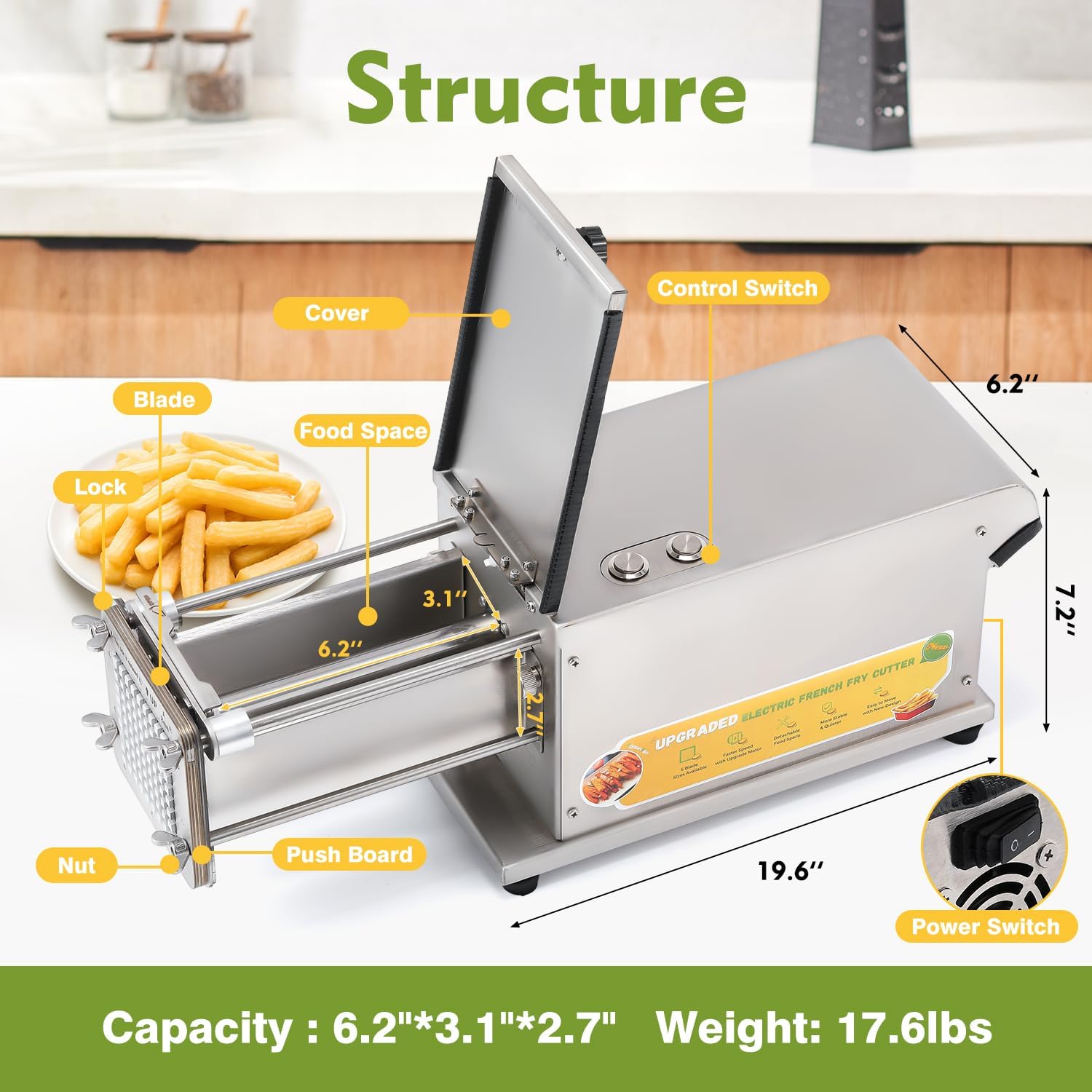 Upgraded French Fry Cutter with 5 Blades Electric Potato Cutter Professional French Fry Maker Cutter for Commercial, Household Stainless Steel for Sweet Potatoes, Cucumbers