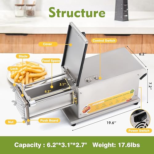 Miniatura 7 de Cortador de papas fritas mejorado con 5 cuchillas, cortador eléctrico de papas fritas profesional, para uso comercial, doméstico de acero inoxidable