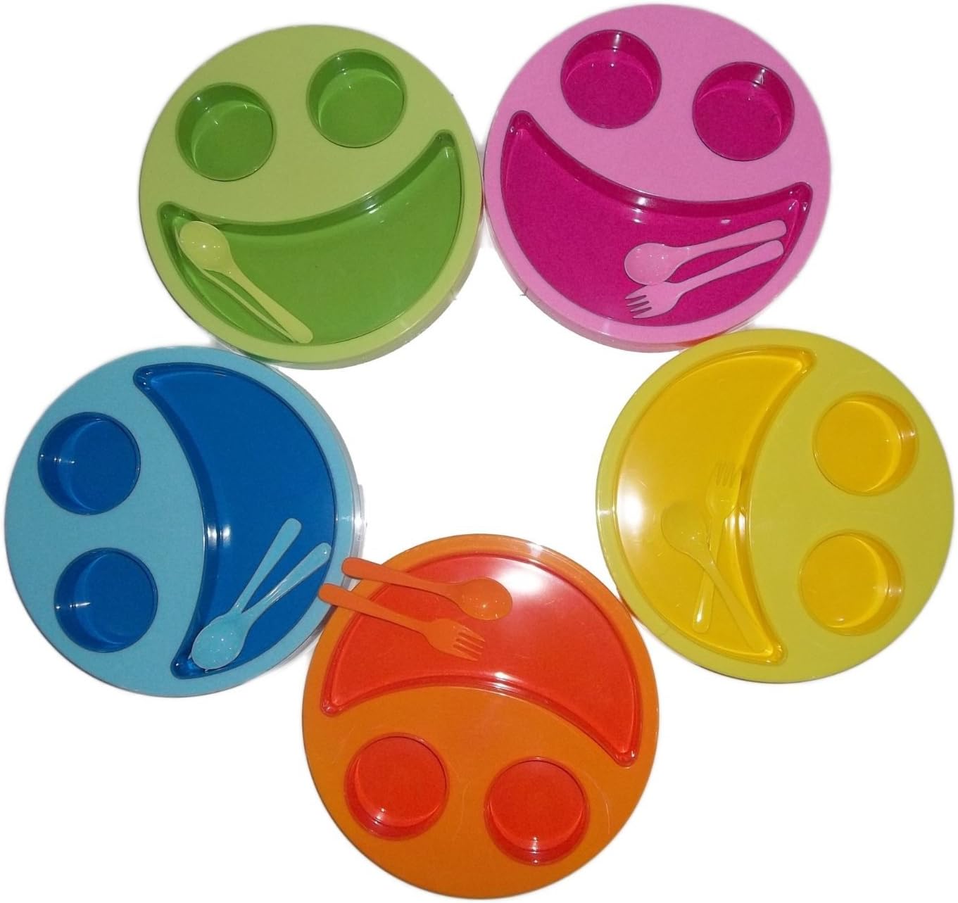 TOY MART Round Smiley Breakfast Plates With Fruit Fork And Spoon Multicolor ( SET OF 6 PLATES )