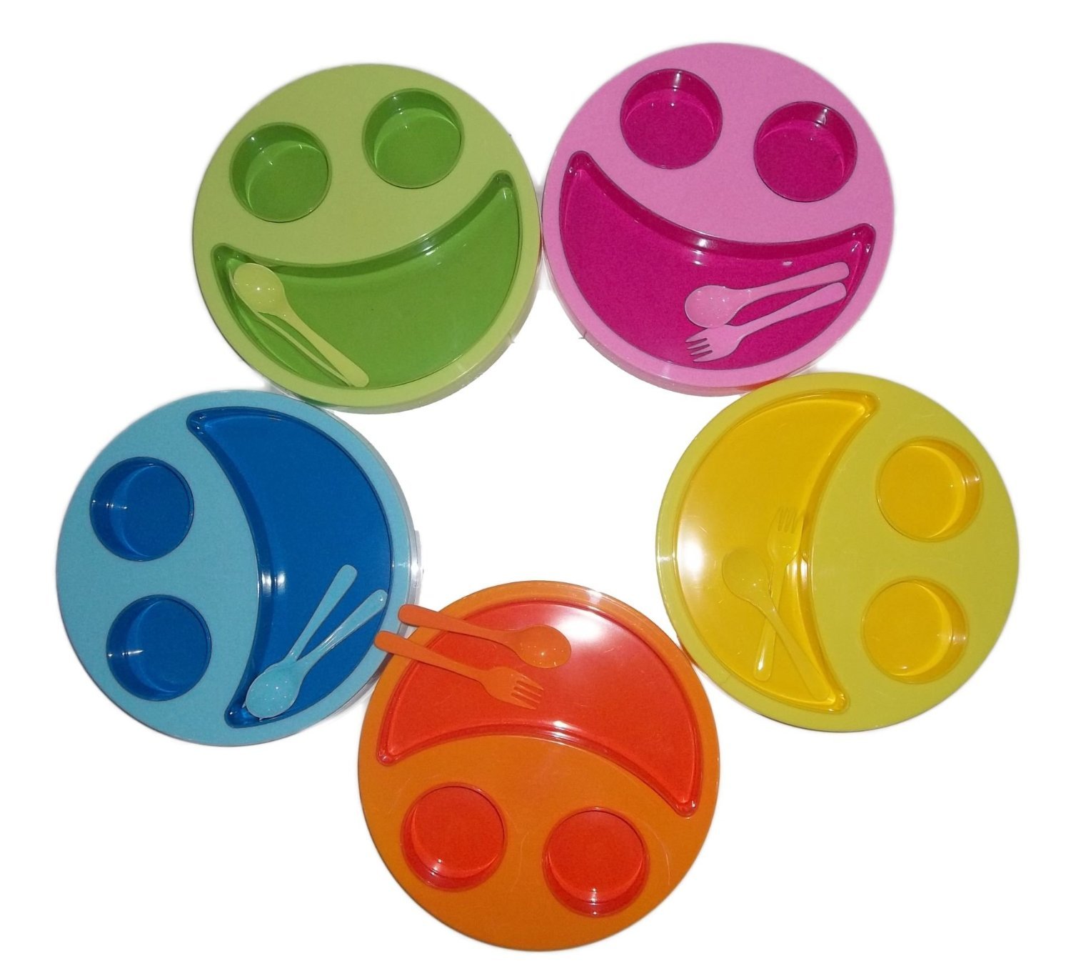TOY MART Round Smiley Breakfast Plates With Fruit Fork And Spoon Multicolor ( SET OF 6 PLATES )