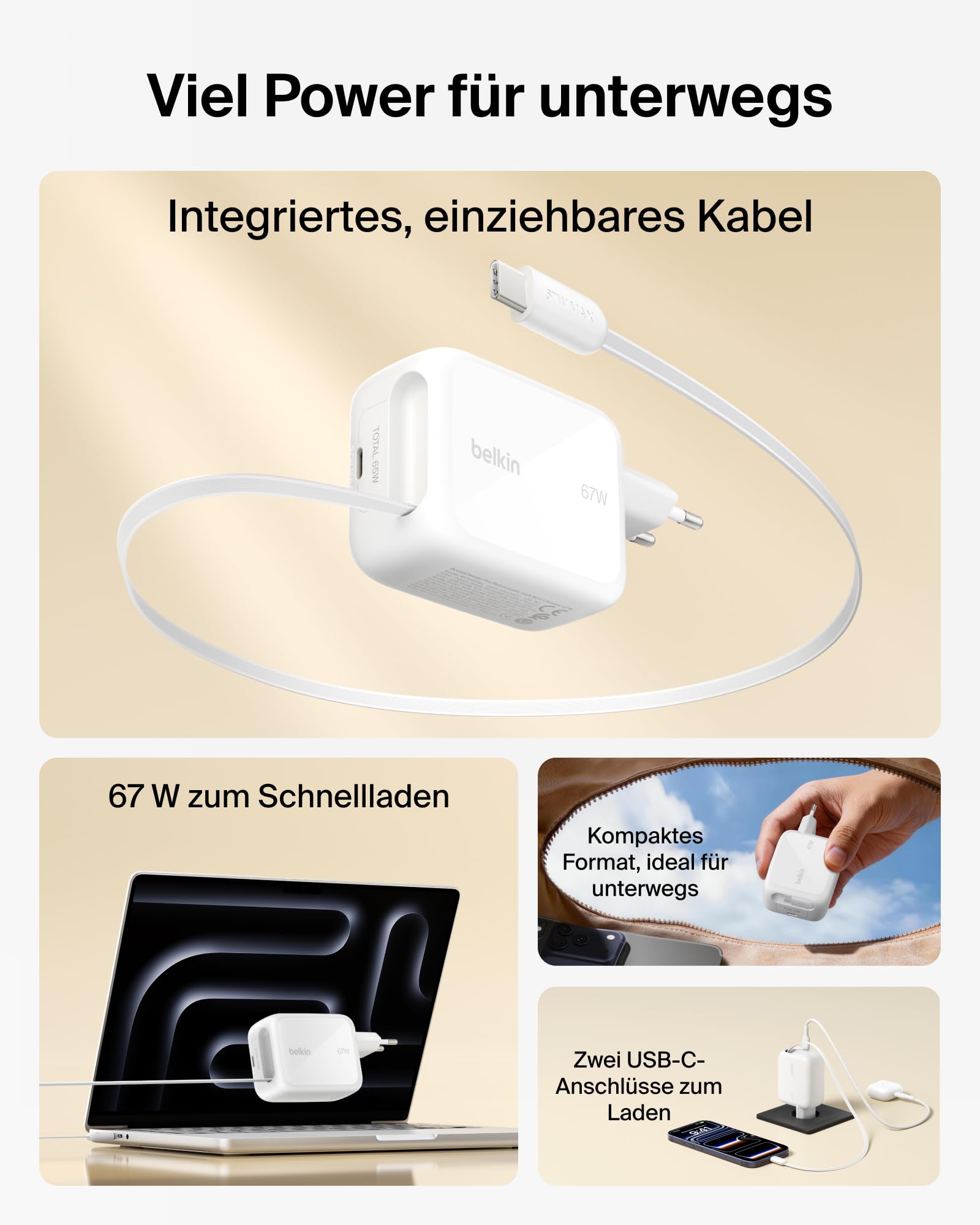 Belkin USB C Ladegerät 67W mit Einziehbarem 1 m USB-C-Kabel + USB-C-Anschluss, GaN iPhone Schnellladegerät, USB Adapter für die Serien iPhone 17, 16, Galaxy S26, AirPods, Tablets, MacBook, Chromebook