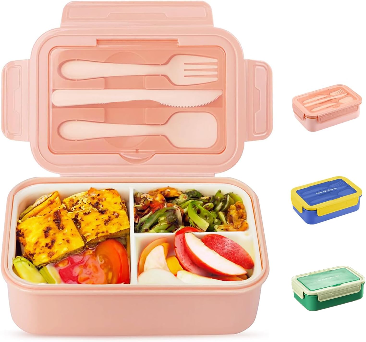 YumLockBento Box - 3 Compartments, 1400ml Leakproof Lunch Container for Kids & Adults, BPA-Free, Microwave Safe, Includes Cutlery, Pink