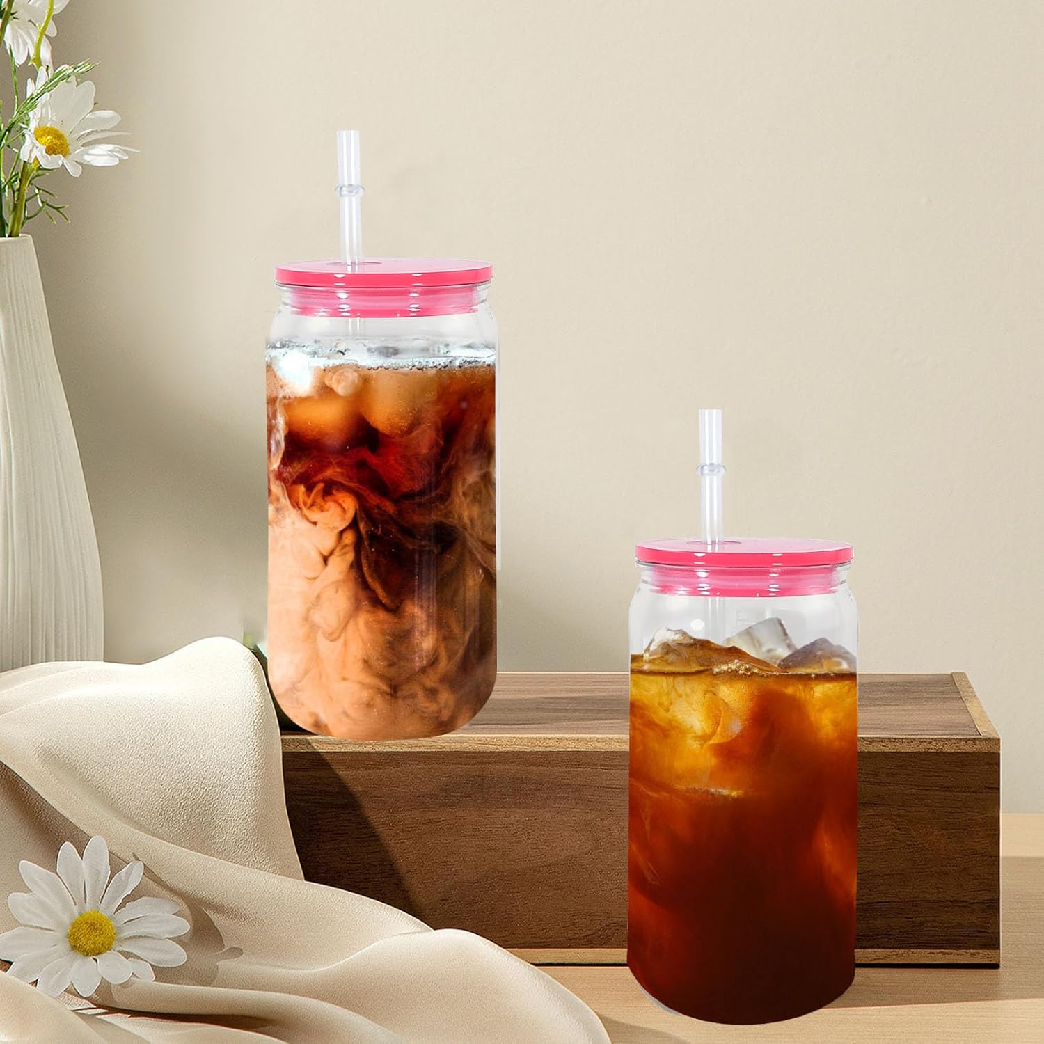 50 Pack 16oz Acrylic Mason Jars, Plastic Mason Jar Drinking Cups with Colorful Lids and Straws, Clear Iced Coffee Cups, Unbreakable Plastic Tumblers, Reusable Beverage Bottle for Beer, Coffee, Juice