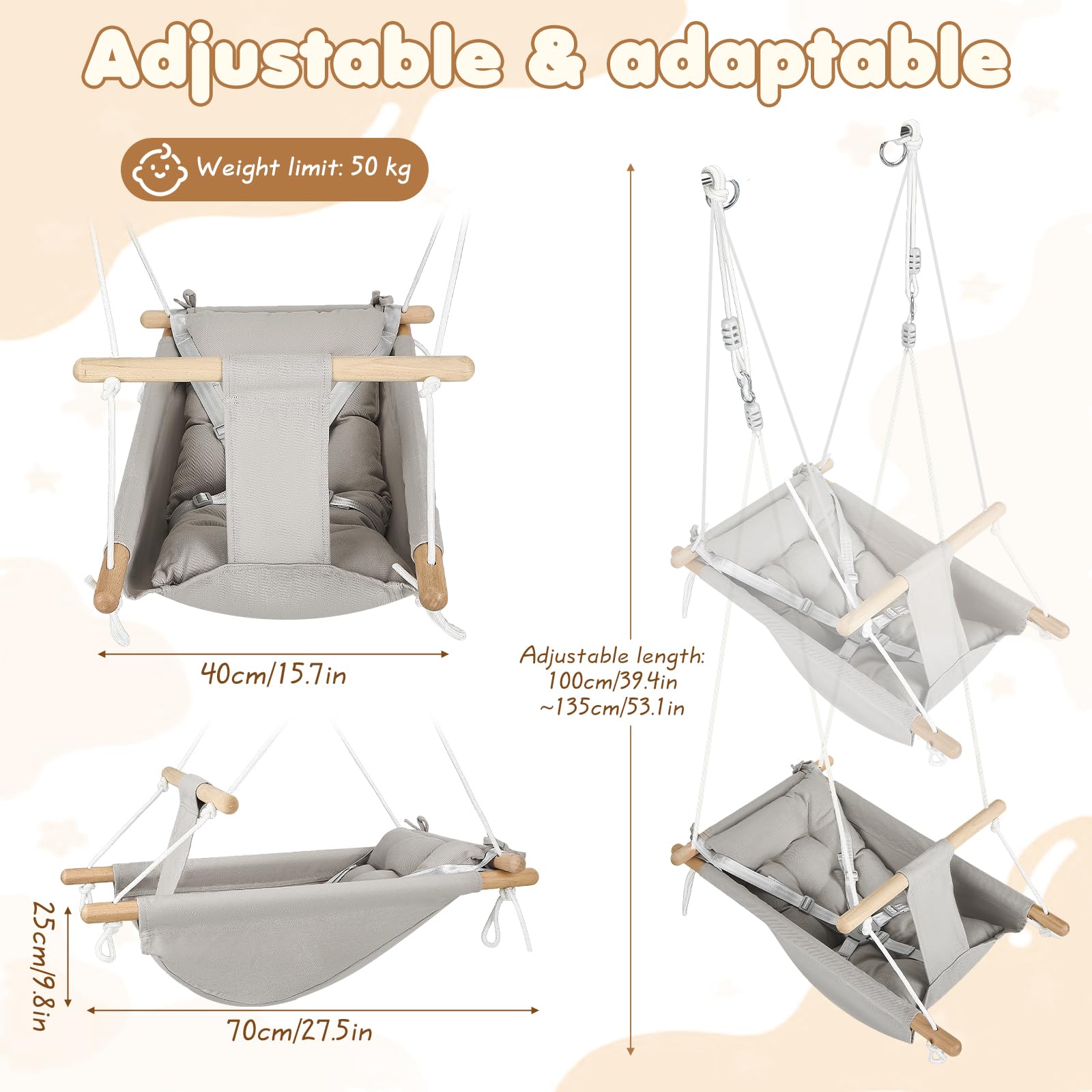 Balançoire bébé 3 en 1, Chaise Suspendue en Bois avec Ceinture de sécurité et Coussin en Coton, hamac-balançoire bébé réglable, balançoire Enfant d'intérieur/extérieur, capacité 60 kg, 6-36 Mois