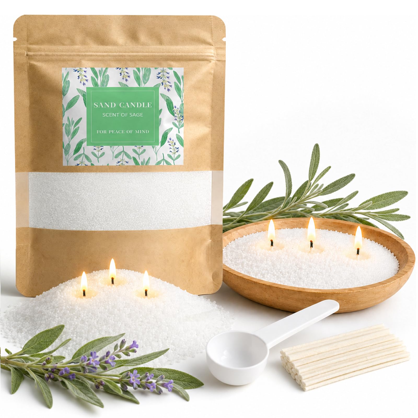 500g Sage Scented Candle Sand with Wicks, White Pearled Candle Sand