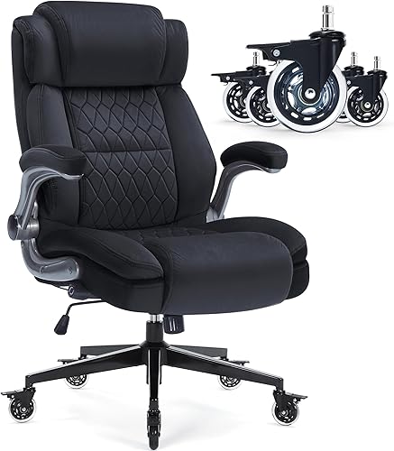 Silla de oficina de respaldo alto de tela, 400 libras, soporte lumbar integrado, brazos abatibles, ruedas de bloqueo, silla de escritorio ergonómica