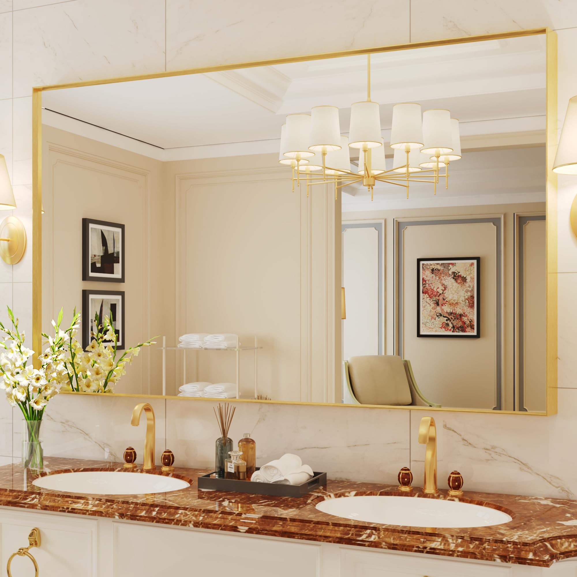 suidia bathroom mirror, 60" x 36" wall mirror metal framed, bathroom vanity mirror for living room bedroom bathroom entryway, gold, rect corner style