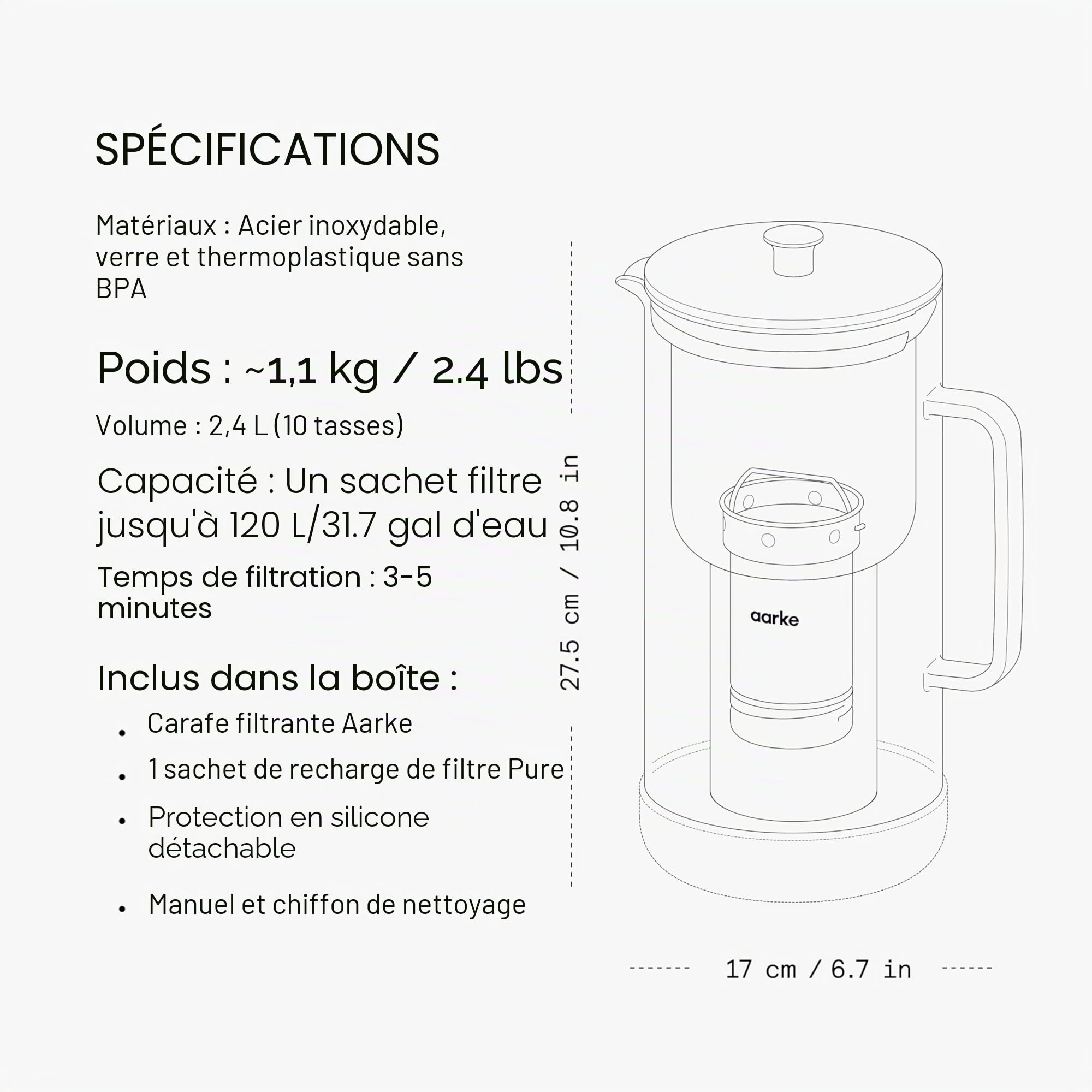 Aarke Purifier, carafe filtrante en verre et acier inoxydable (2,4 L / 10 tasses) + lot de 3 sacs de recharge de filtre Pure