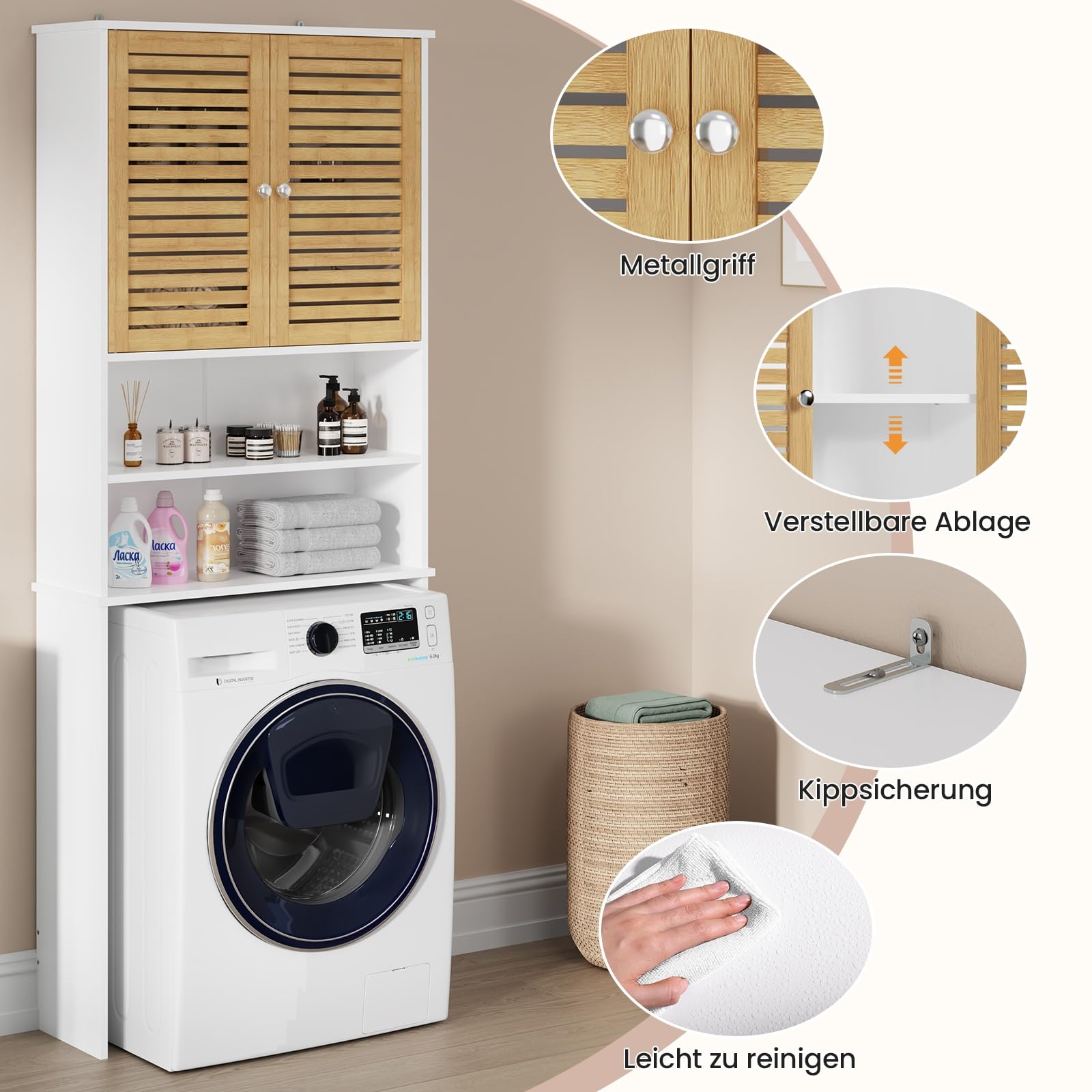 Waschmaschinenschrank,Hochschrank, Toilettenregal mit Schrank, 2 offene Fächer, Verstellbare Ablagen, Badezimmerregal mit 2 Bambustüren über Waschmaschine/Toilette 185.5×65×24cm