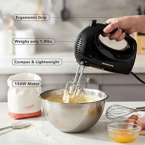 Miniatura 4 de OVENTE - Batidora de mano eléctrica de 5 velocidades con varilla de mezcla de acero inoxidable, estuche de almacenamiento a presión, motor portátil