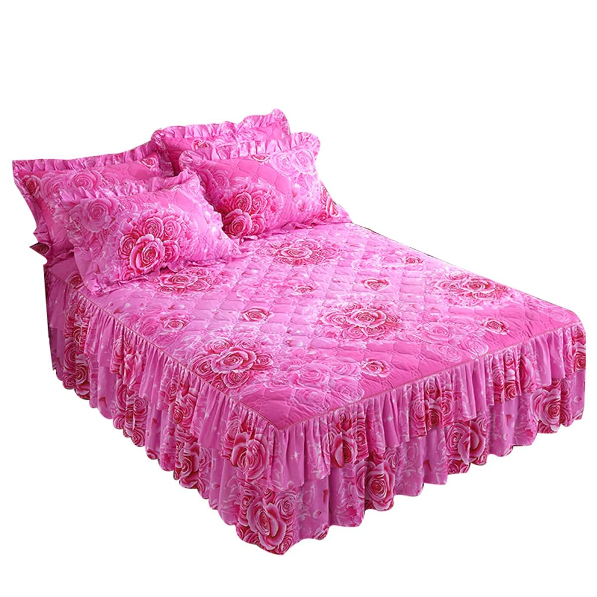 JDIUCDGV Full King Size 3Pcs Ruffled Bedspread Set 150/180 * 200cm Quilted Ruffle Bed Skirt in Polyester 40cm Draped Printed Background Fitted Sheet