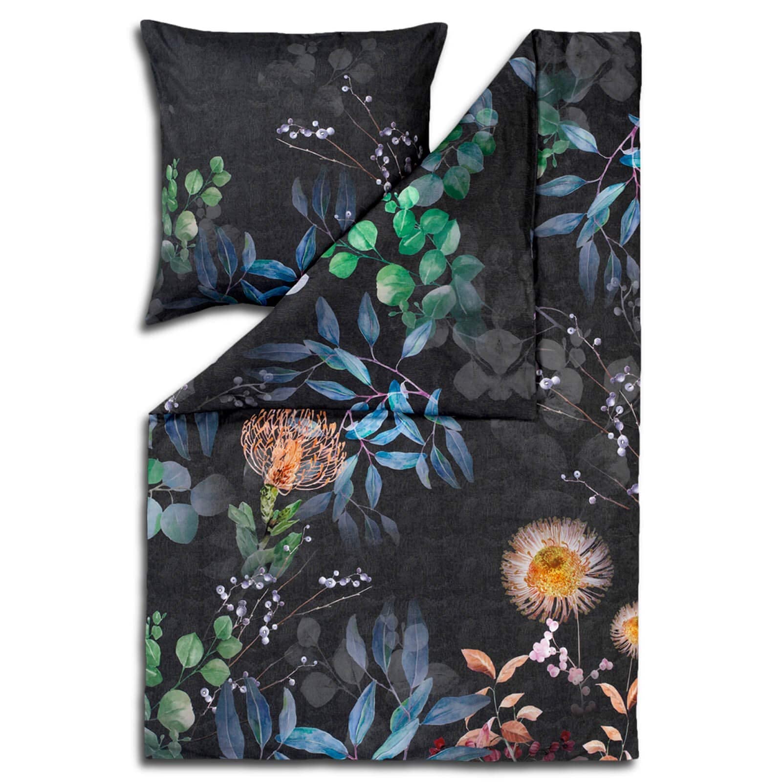 ESTELLA Bettwäsche Midnight Bunt Blau Blumen Blüten Geblümt Zweige Aquarell Mako Satin, Größe:155 cm x 220 cm