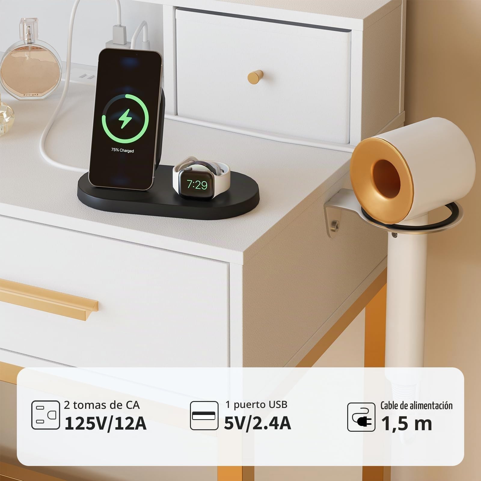 Garvee Tocador de Maquillaje LED Espejo 4 Cajones Carga USB con Taburete