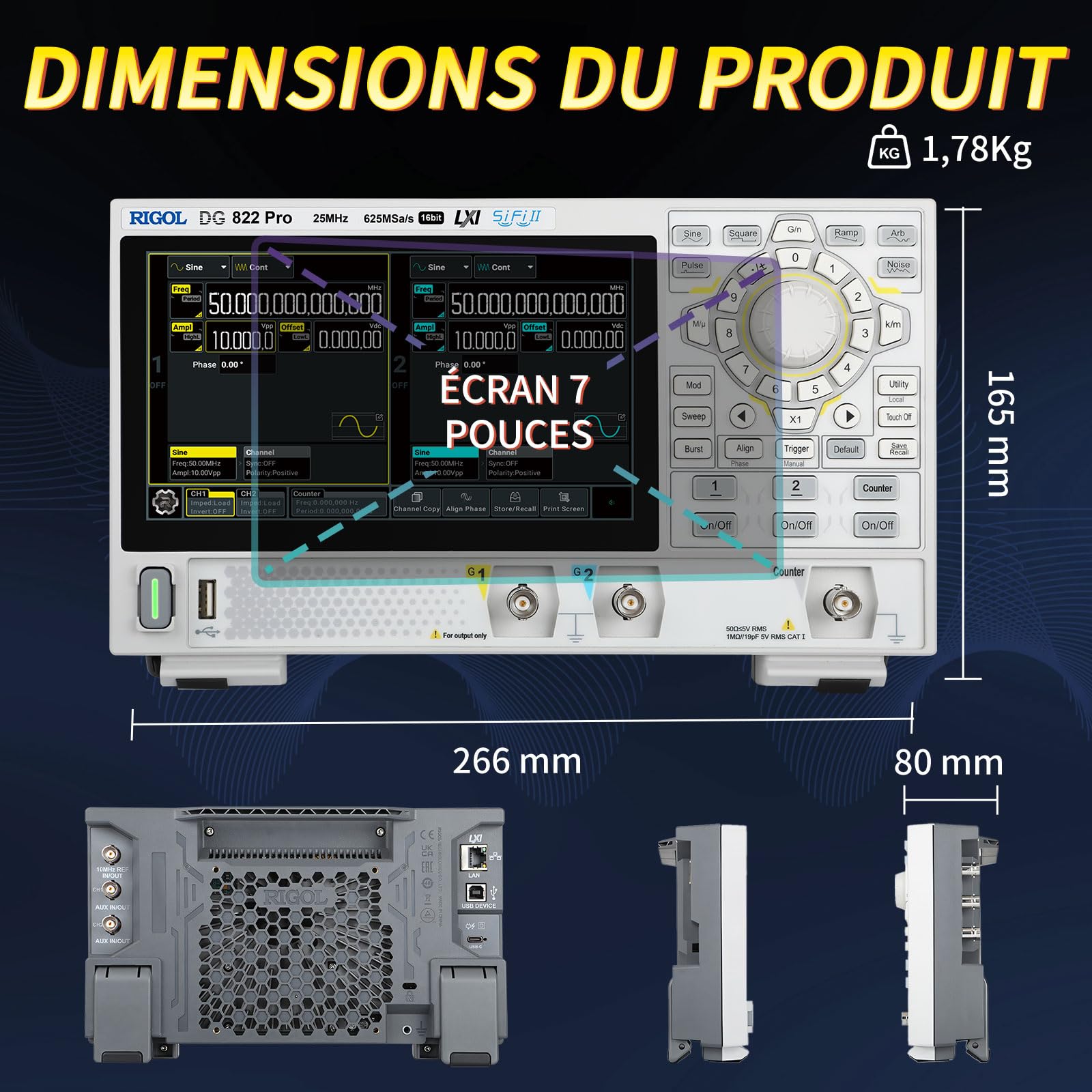 RIGOL Générateurs de Fonctions,DG822 Pro Générateur de Signaux,25 MHz,2 Canal,16 bits,écran tactile HD 7 pouces,Ultra-portable,Idéal pour les tests sur site et l’enseignement en laboratoire