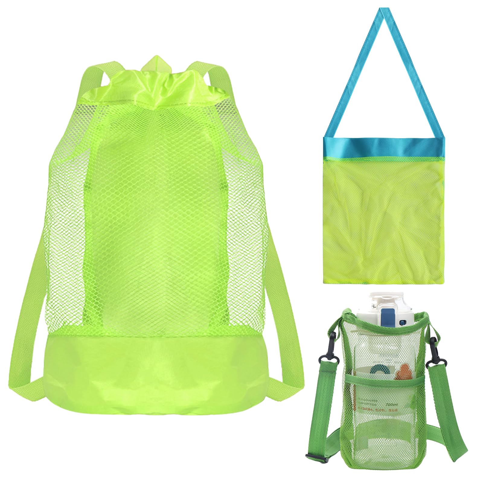 3Pcs Mesh Beach Toys Backpack Bag, Water Bottle Carrier, Large Portable & Foldable Sea Shell Bag With Adjustable Carrying Straps Set for Outdoor Activities (Green)