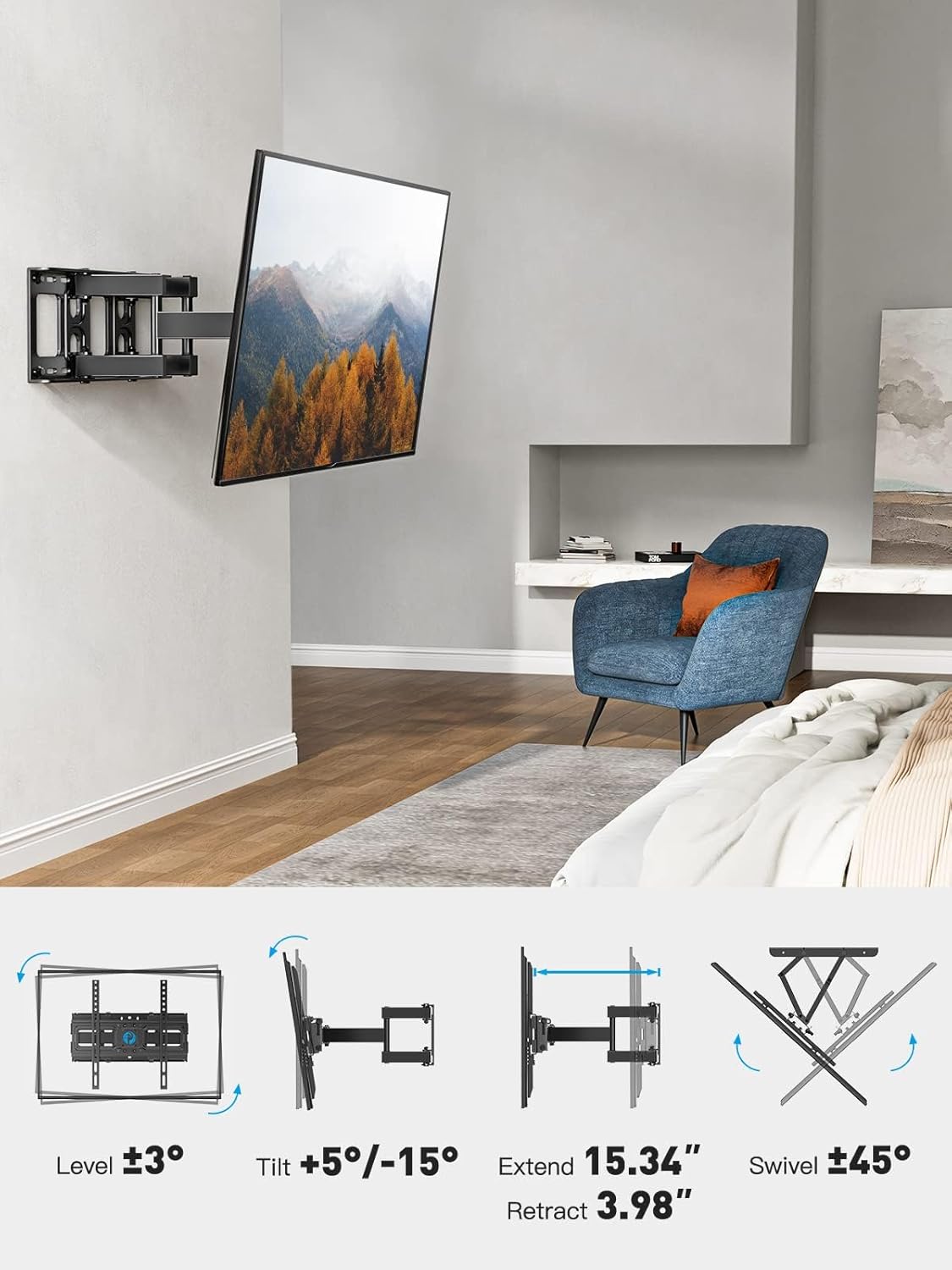Pipishell TV Wall Mount for 26-74 inch LED LCD OLED 4K TVs up to 99lbs, Full Motion TV Mount Bracket Articulating Swivel Extension Tilting Leveling Max VESA 400x400mm, Fits 12/16 Inch Wood Studs - Image 6