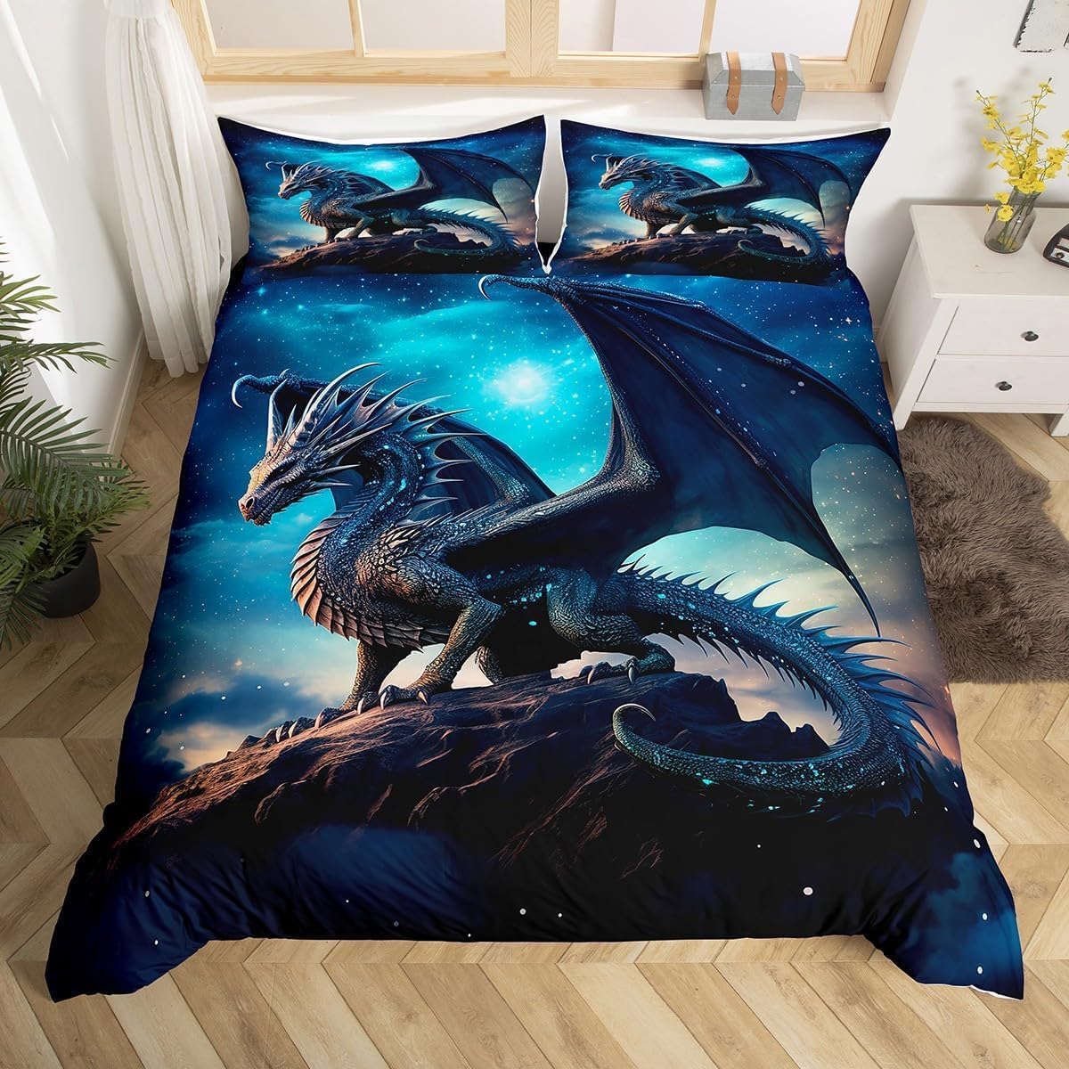 Erosebridal 3D Print Dragon Bedding Set Full Magical Pterosaur Comforter Cover, Magic Dinosaur Bed Set Sparkling Stars Duvet Cover, Psychedelic Galaxy Quilt Cover Soft 3pcs with 2 Pillow Case