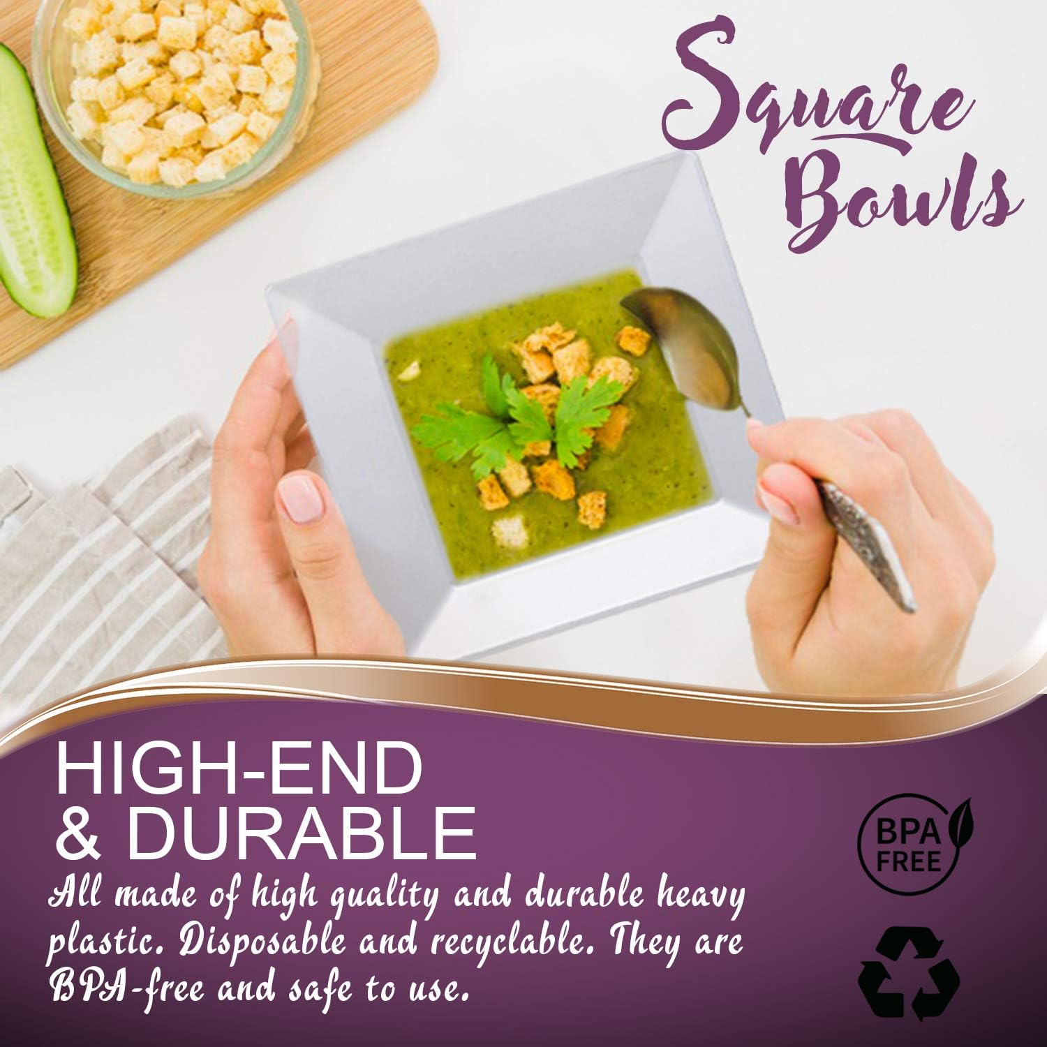 Elegant Disposable Plastic Bowls 120 Pcs, 5 oz Heavy Duty, Fancy Square Soup Bowls, Bulk Party Bowls, Dessert Bowls For Wedding, Birthday