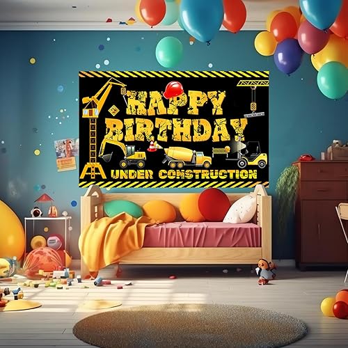 Miniatura 3 de Cartel de construcción con texto en inglés Happy Birthday para niños y niños, diseño de camión volquete de construcción con temática de cumpleaños,