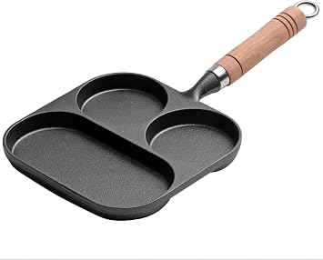 Cast Iron Multi-Section Frying Pan, 7.48 inch, 3 Compartments, Wooden Handle