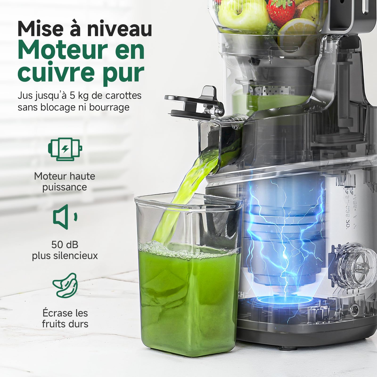 AMZCHEF Extracteur de jus automatique 250W, ouverture 150 mm, capacité 2L, noir