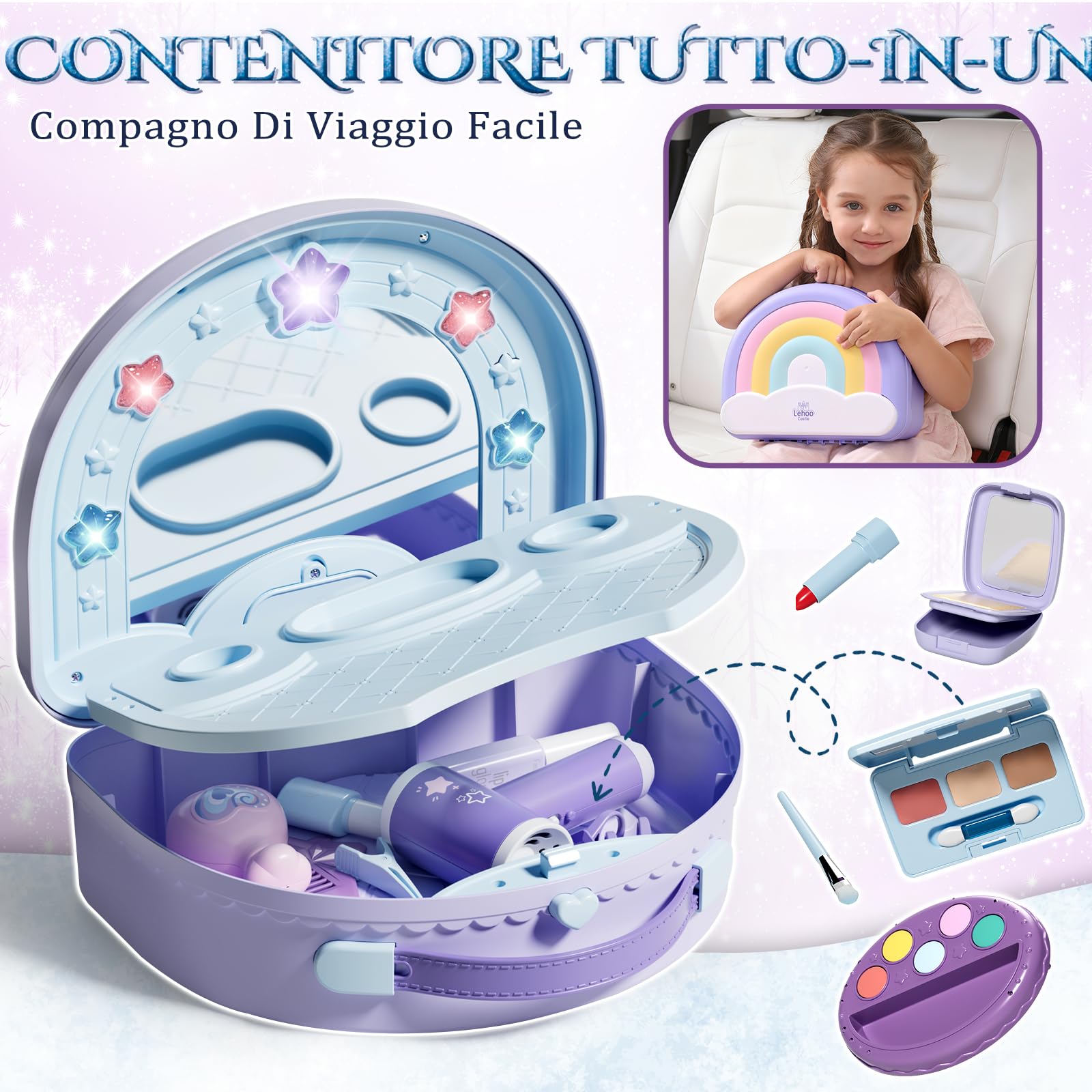 Lehoo Castello Trucchetto per Bambine 3 4 5 Anni, Tavolo Toeletta 2-in-1 Portatile con Set Trucco Finto, Trucchetto con Luci e Musica, Regalo di Compleanno per Bambine dai 3 Anni in su