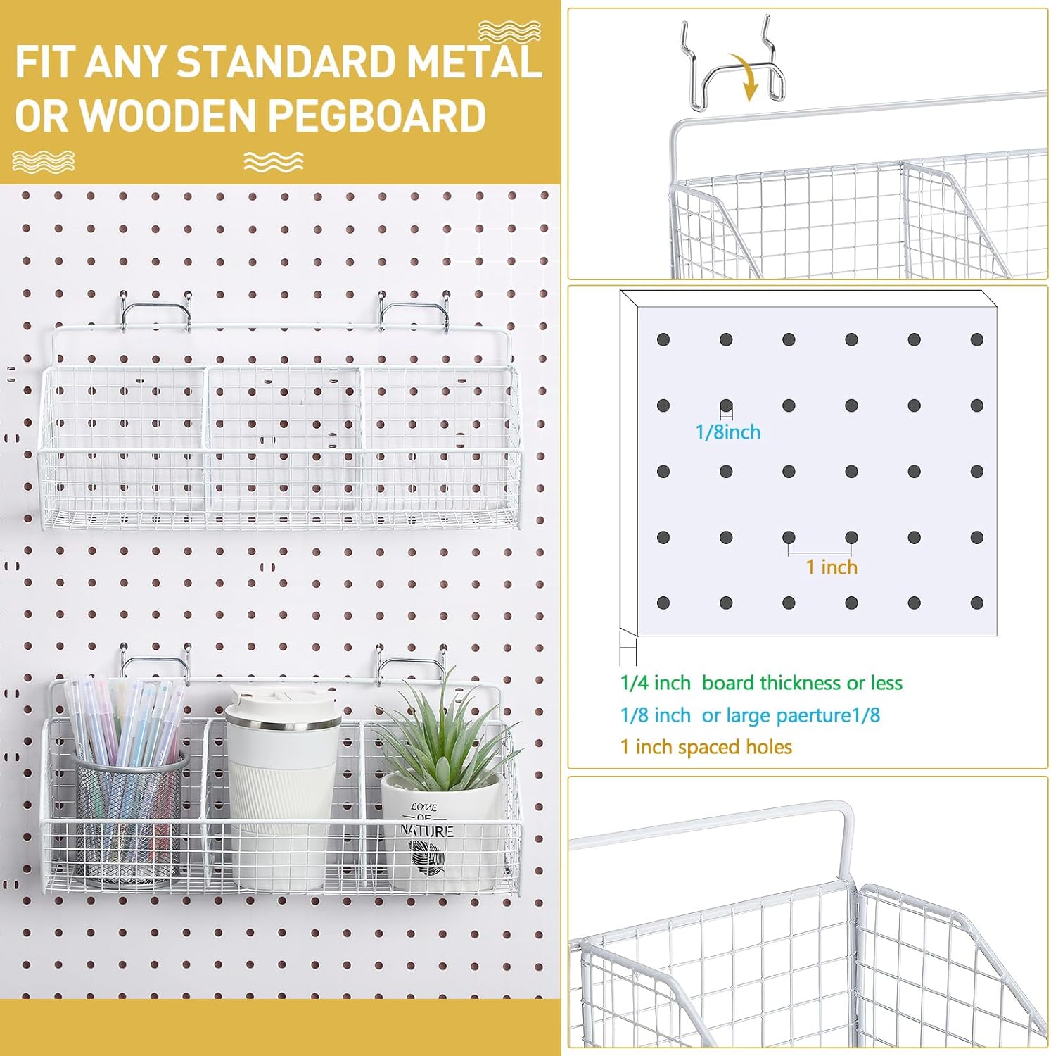 Suzile 2 Pcs Metal Garage Baskets Set with 4 Pegboard Hooks - Wall Mount Storage for Workbench, Bathroom Accessories - 3 Grid (White)