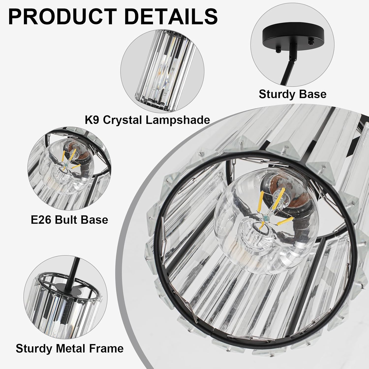 Modern Crystal Pendant Lights, Hanging Light Fixtures Mini Kitchen Island Pendant Lights Adjustable Crystal Chandelier Fixture for Island Dining Room Hallway Bedroom, Black 2-Pack