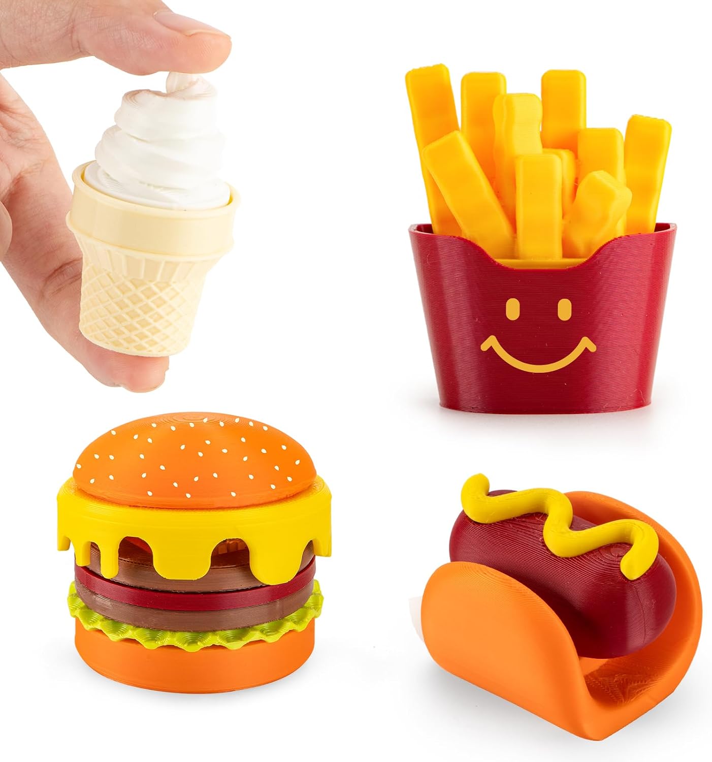 Fast Food Fidget Press Toy Set, 3D Printed Burger, Fries, Hot Dog and Ice Cream, 4 Pack Stress Relief Sensory Toys for Kids