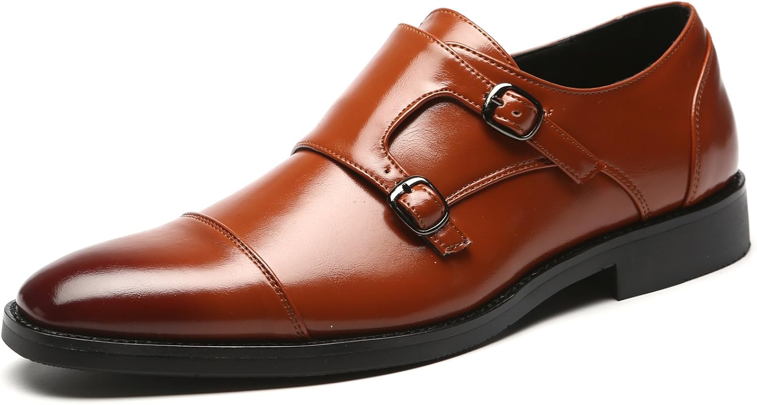 Mens Dress Shoes Italian Fashion Double Monk Strap Slip On Loafer Shoes Oxford Leather Shoes for Men